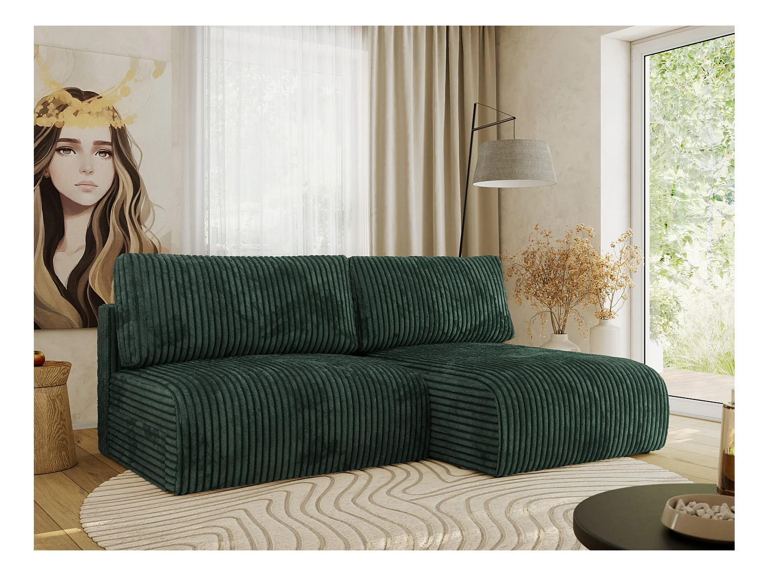 Ecksofa VIVO - L-form Couch mit Schlaffunktion und Bettkasten, Wellenfeder - Grün Cord - Ecke Rechts