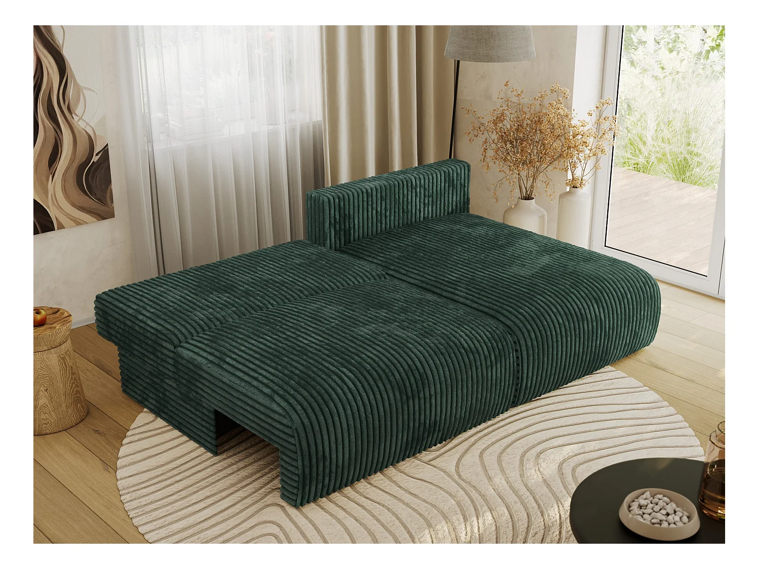 Ecksofa VIVO - L-form Couch mit Schlaffunktion und Bettkasten, Wellenfeder - Grün Cord - Ecke Rechts
