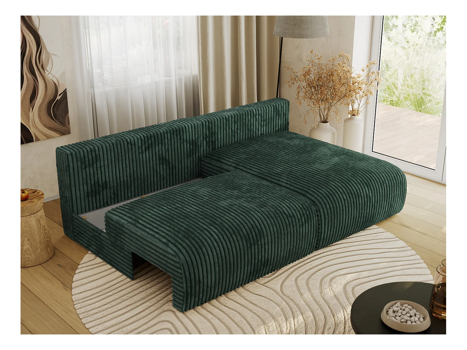 Ecksofa VIVO - L-form Couch mit Schlaffunktion und Bettkasten, Wellenfeder - Grün Cord - Ecke Rechts