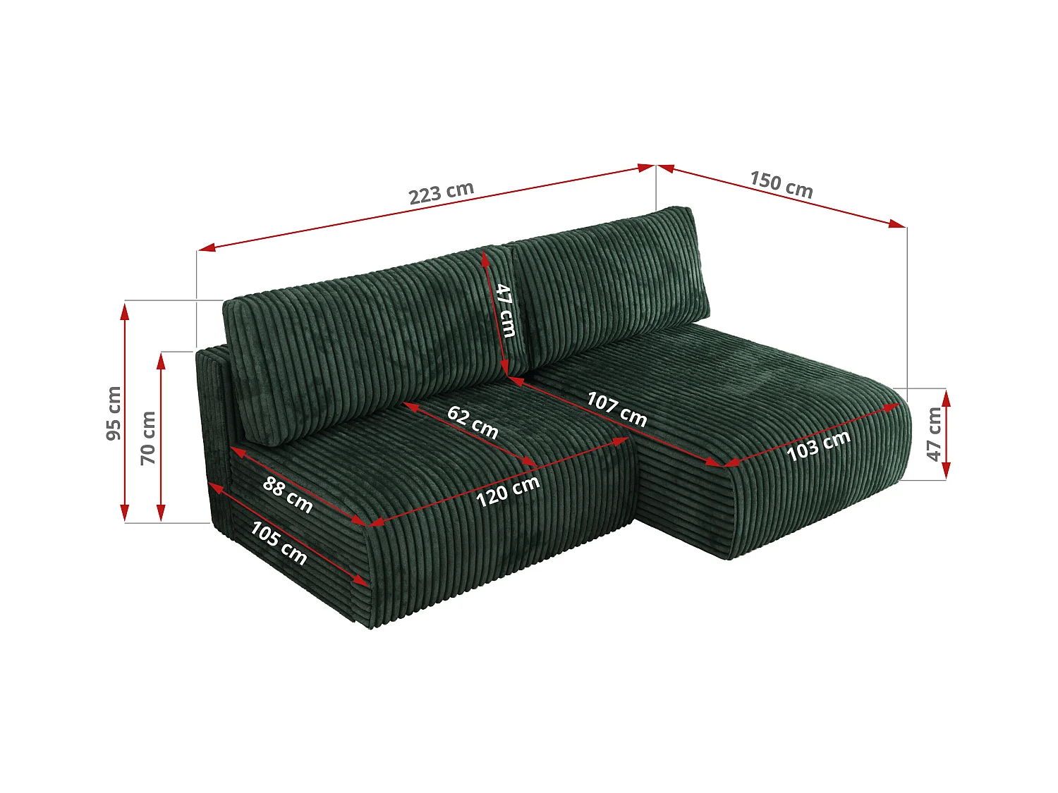 Ecksofa VIVO - L-form Couch mit Schlaffunktion und Bettkasten, Wellenfeder - Grün Cord - Ecke Rechts