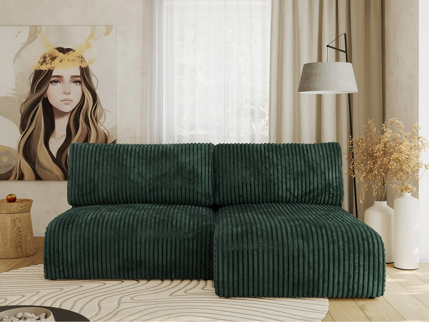 Ecksofa VIVO - L-form Couch mit Schlaffunktion und Bettkasten, Wellenfeder - Grün Cord - Ecke Rechts