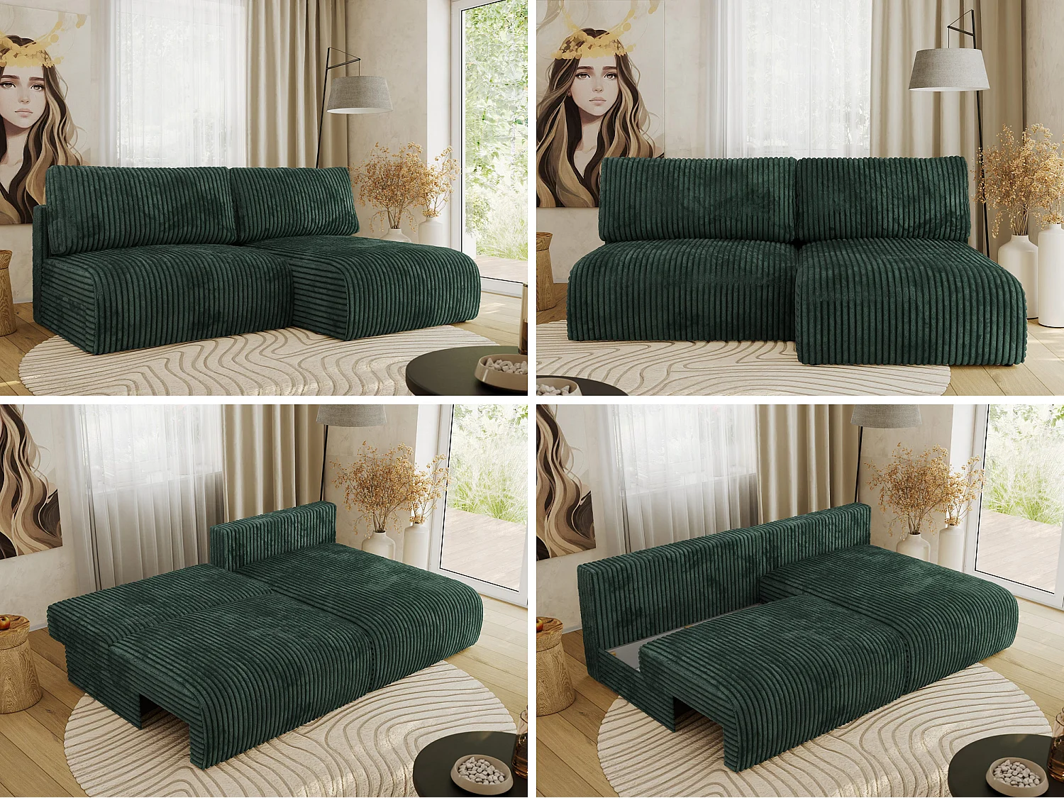 Ecksofa VIVO - L-form Couch mit Schlaffunktion und Bettkasten, Wellenfeder - Grün Cord - Ecke Rechts