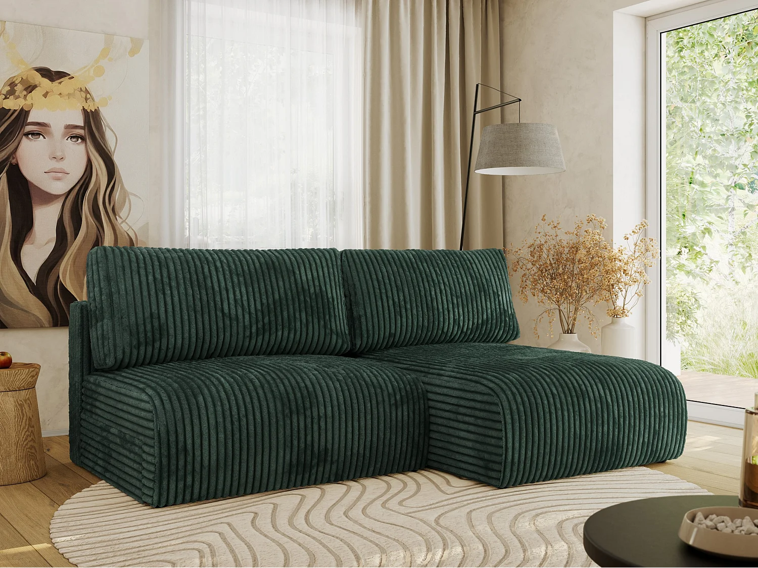 Ecksofa VIVO - L-form Couch mit Schlaffunktion und Bettkasten, Wellenfeder - Grün Cord - Ecke Rechts