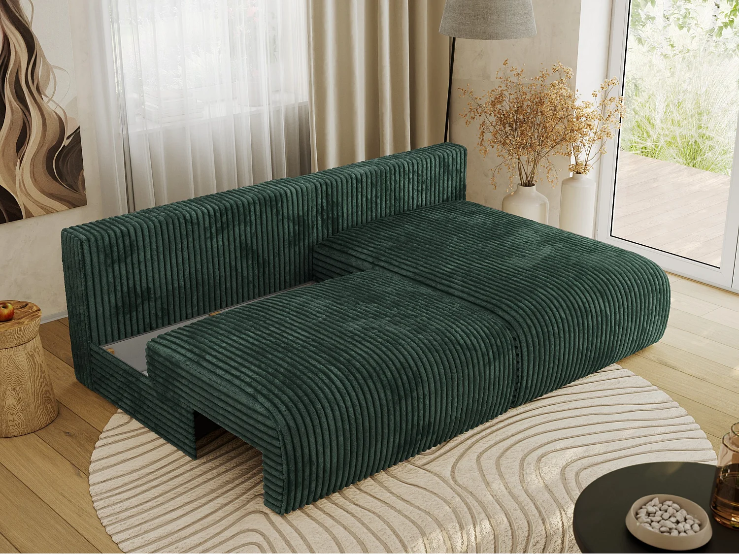 Ecksofa VIVO - L-form Couch mit Schlaffunktion und Bettkasten, Wellenfeder - Grün Cord - Ecke Rechts