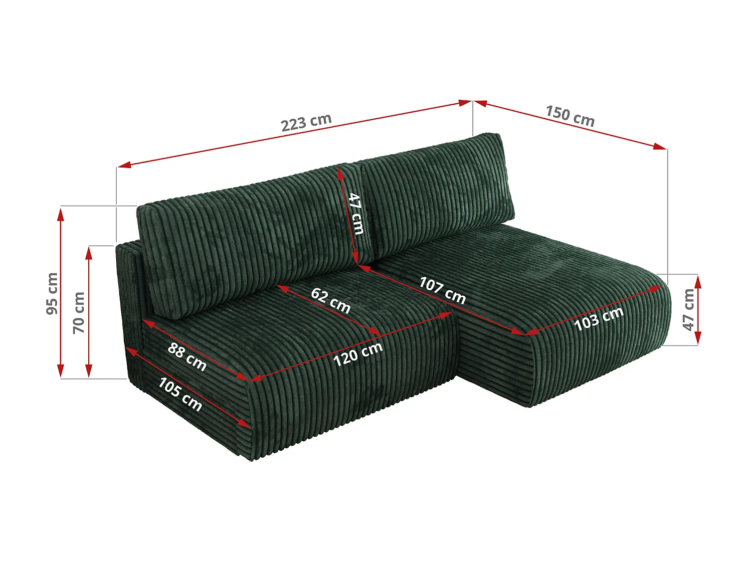 Ecksofa VIVO - L-form Couch mit Schlaffunktion und Bettkasten, Wellenfeder - Grün Cord - Ecke Rechts