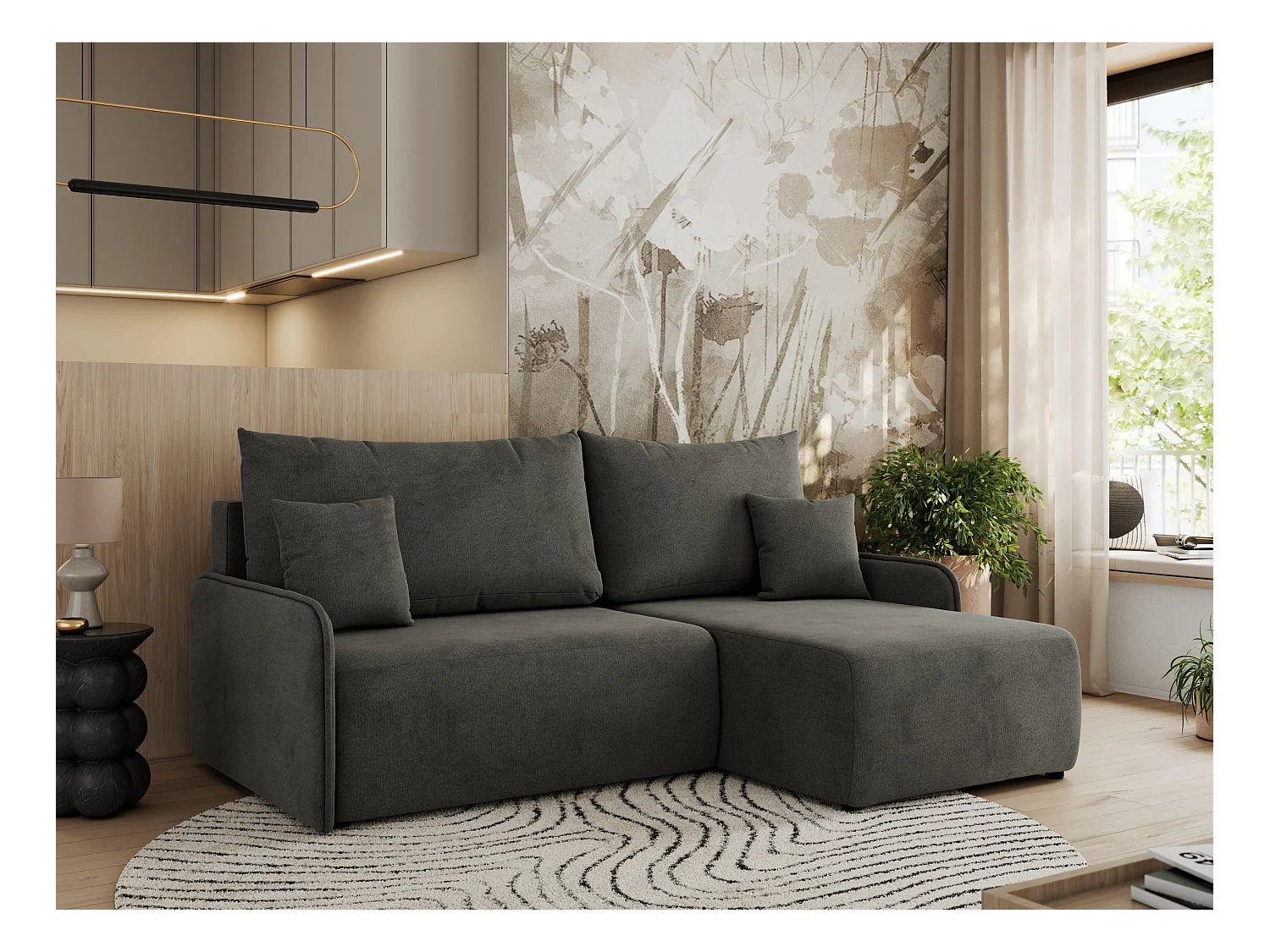 Ecksofa ARPA - L-form Schlaffsofa, Bettkasten und lose Kissen, Armlehnen - Dunkelgrau Velvet - Ecke Rechts