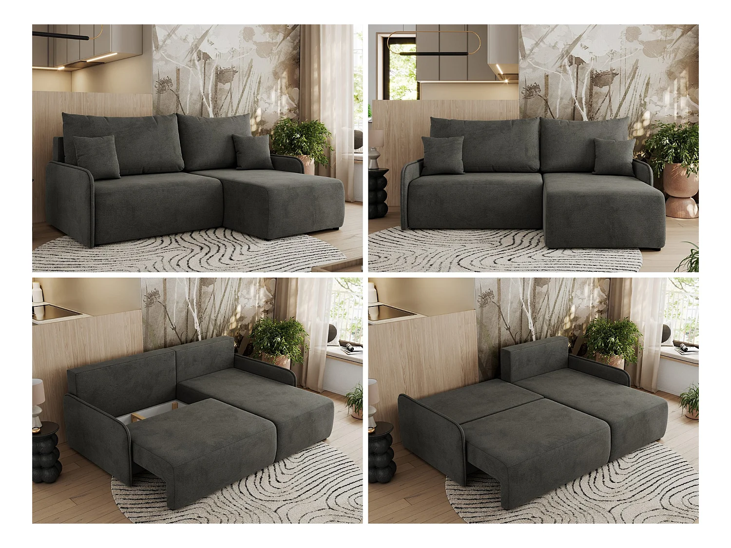 Ecksofa ARPA - L-form Schlaffsofa, Bettkasten und lose Kissen, Armlehnen - Dunkelgrau Velvet - Ecke Rechts