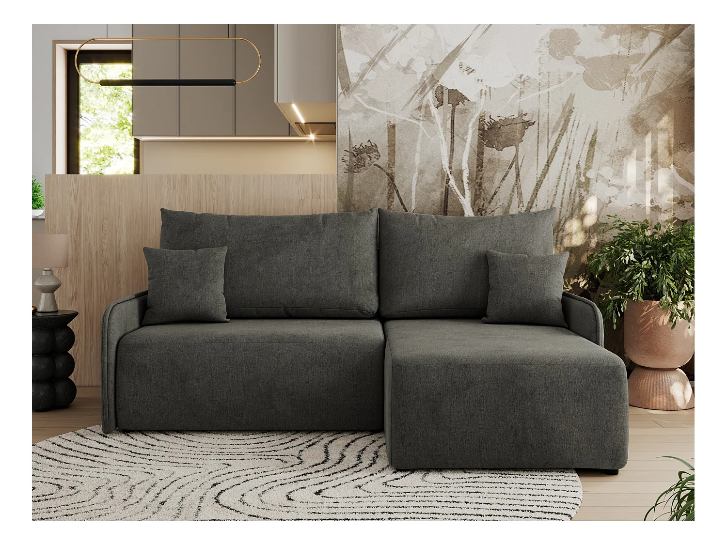 Ecksofa ARPA - L-form Schlaffsofa, Bettkasten und lose Kissen, Armlehnen - Dunkelgrau Velvet - Ecke Rechts