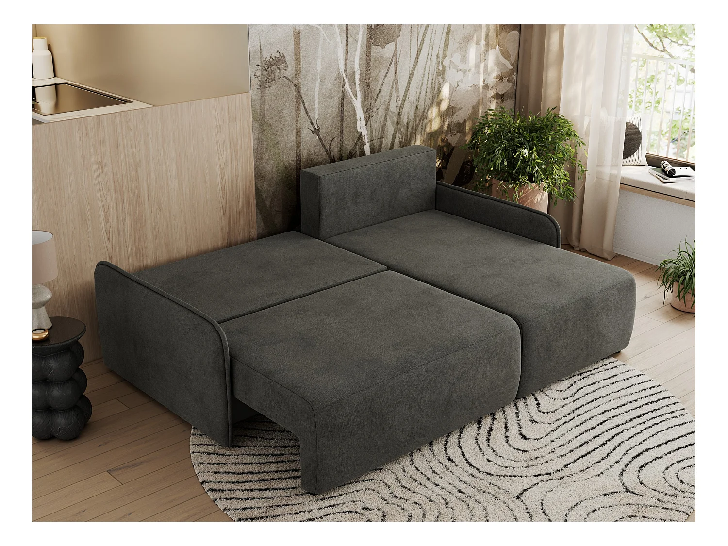 Ecksofa ARPA - L-form Schlaffsofa, Bettkasten und lose Kissen, Armlehnen - Dunkelgrau Velvet - Ecke Rechts