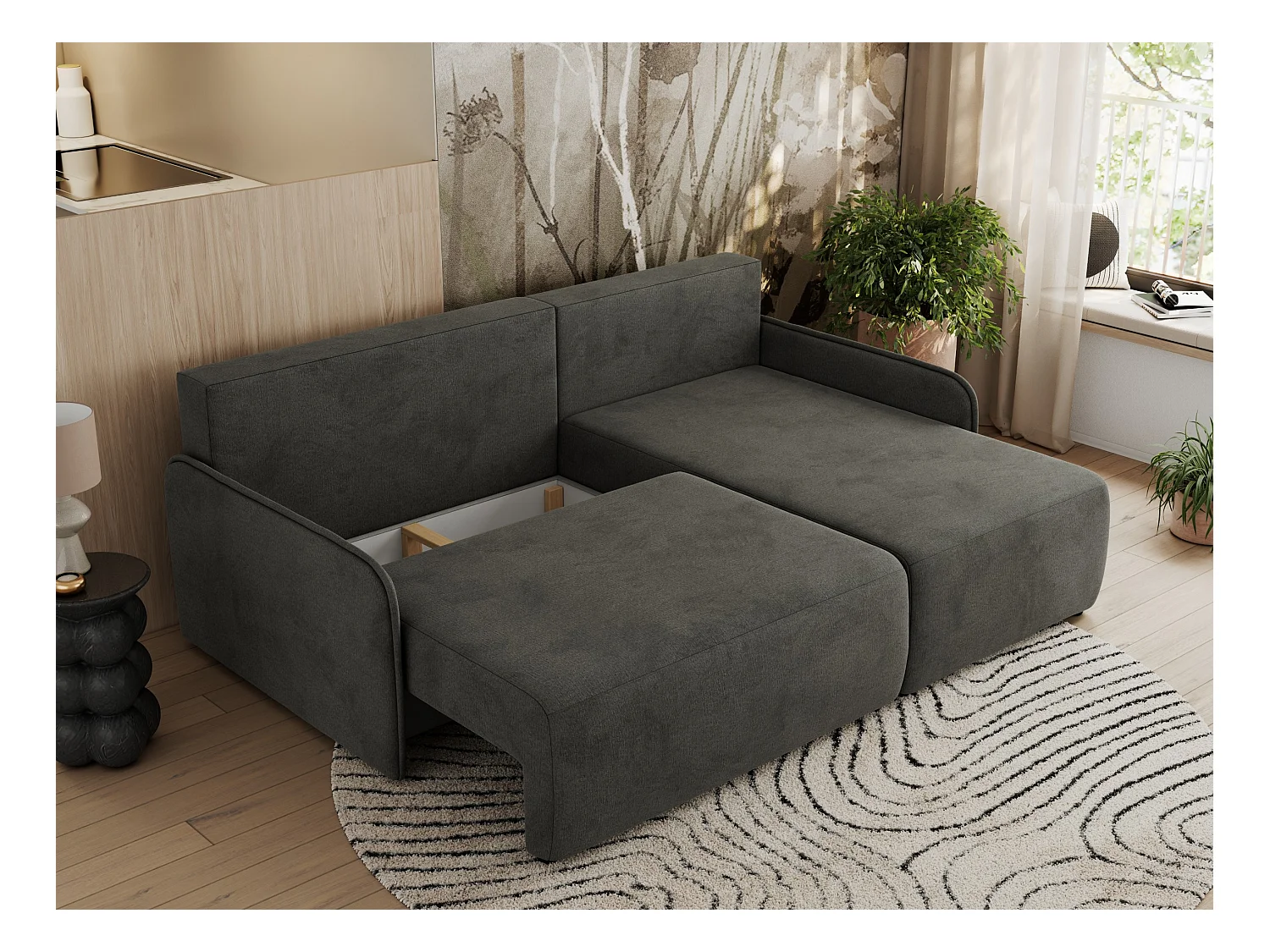 Ecksofa ARPA - L-form Schlaffsofa, Bettkasten und lose Kissen, Armlehnen - Dunkelgrau Velvet - Ecke Rechts