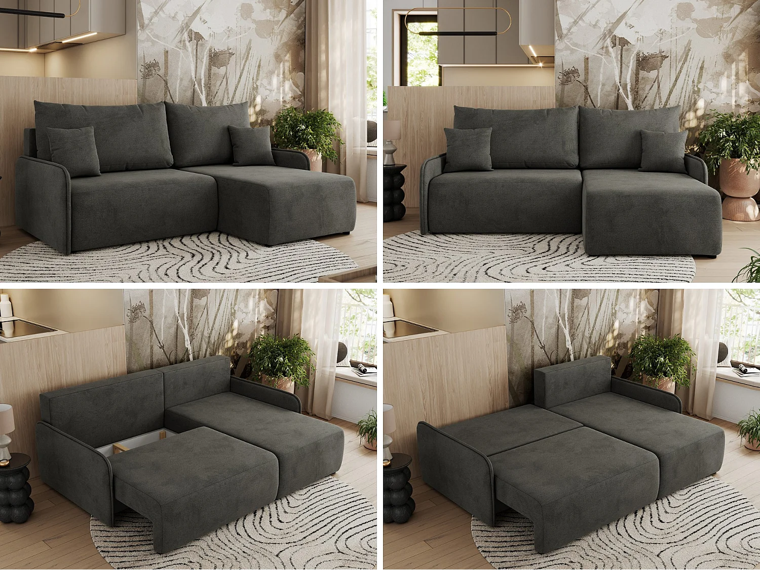 Ecksofa ARPA - L-form Schlaffsofa, Bettkasten und lose Kissen, Armlehnen - Dunkelgrau Velvet - Ecke Rechts