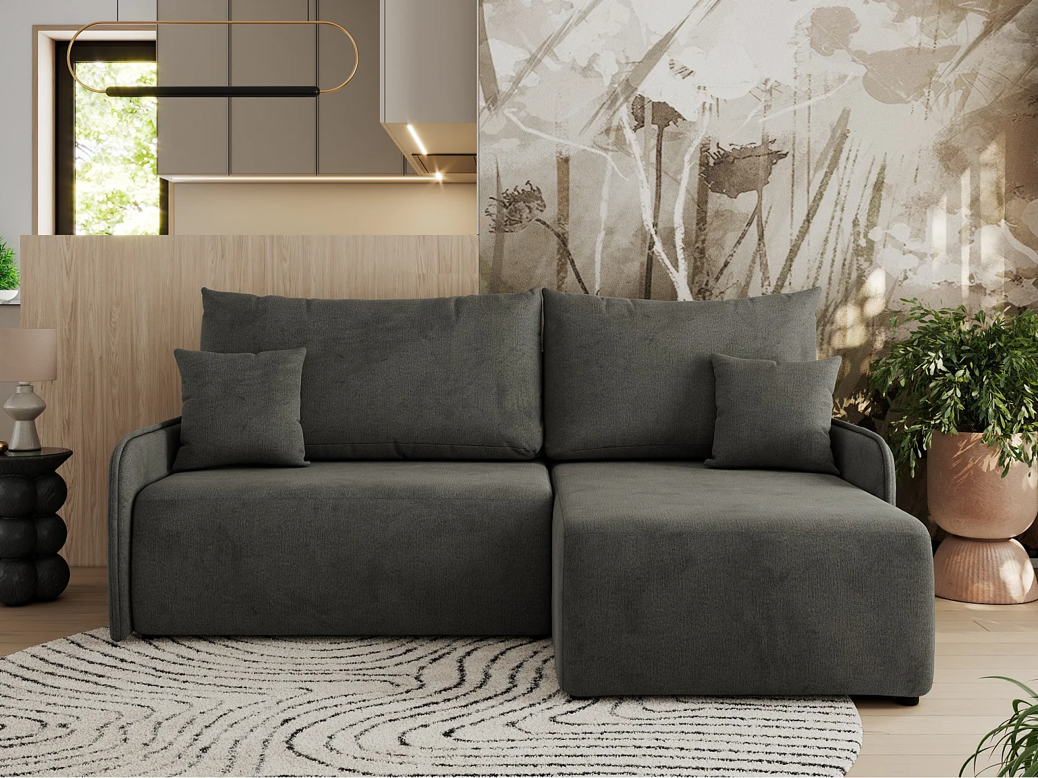 Ecksofa ARPA - L-form Schlaffsofa, Bettkasten und lose Kissen, Armlehnen - Dunkelgrau Velvet - Ecke Rechts
