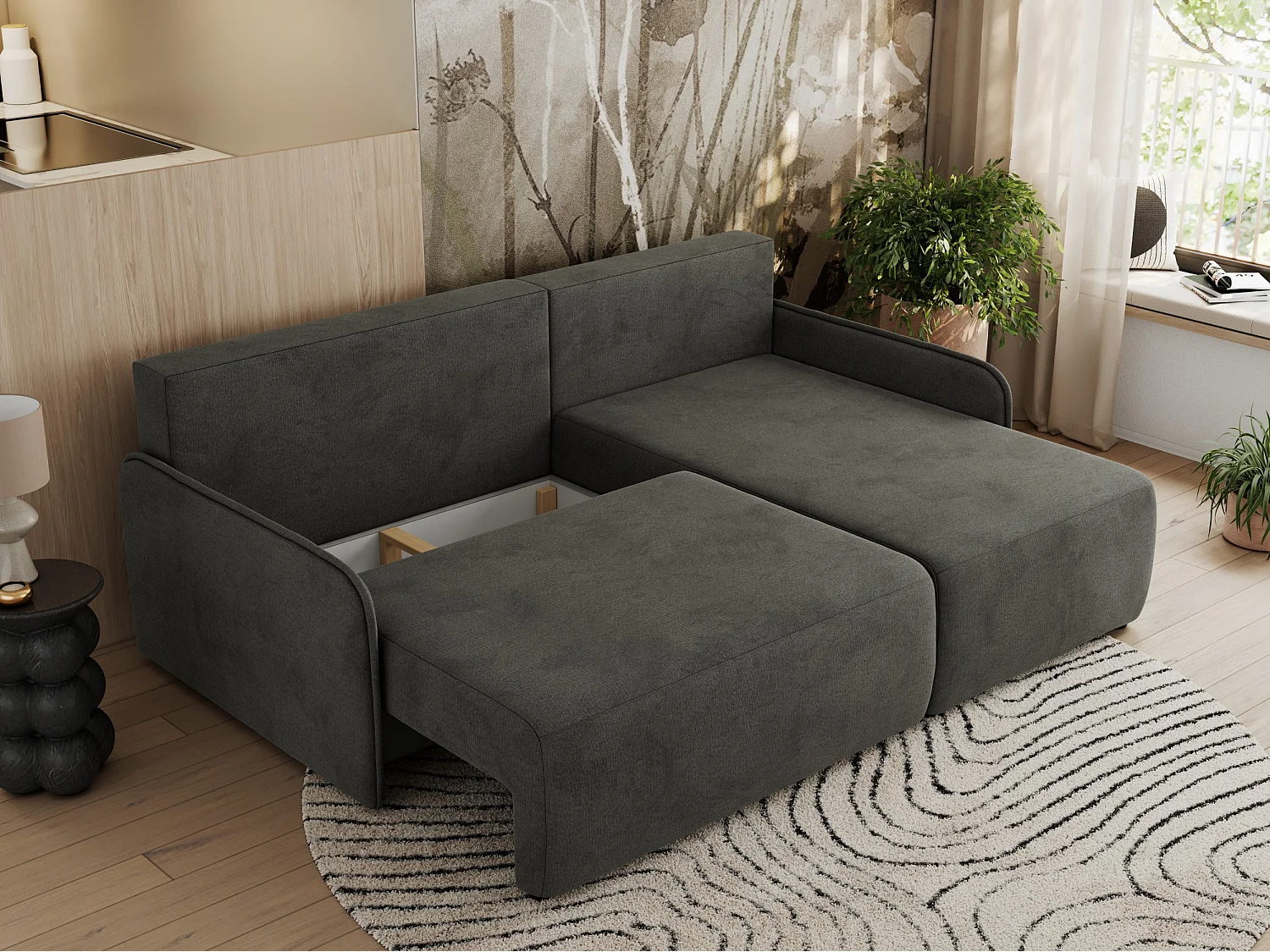 Ecksofa ARPA - L-form Schlaffsofa, Bettkasten und lose Kissen, Armlehnen - Dunkelgrau Velvet - Ecke Rechts