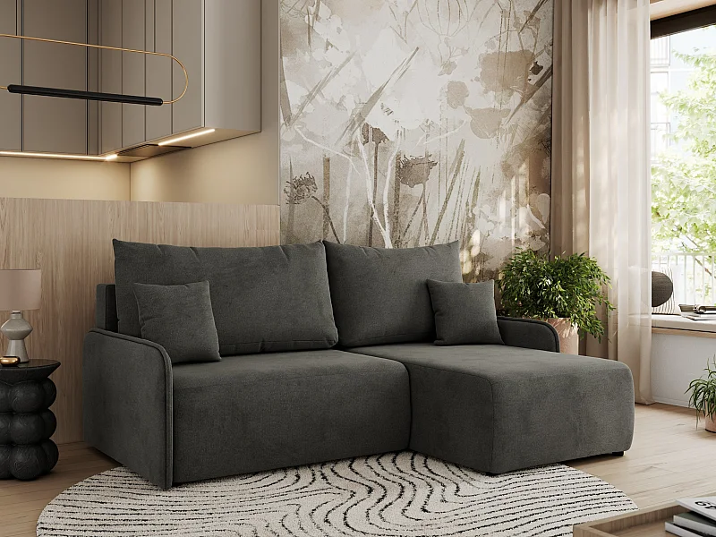 Ecksofa ARPA - L-form Schlaffsofa, Bettkasten und lose Kissen, Armlehnen - Dunkelgrau Velvet - Ecke Rechts