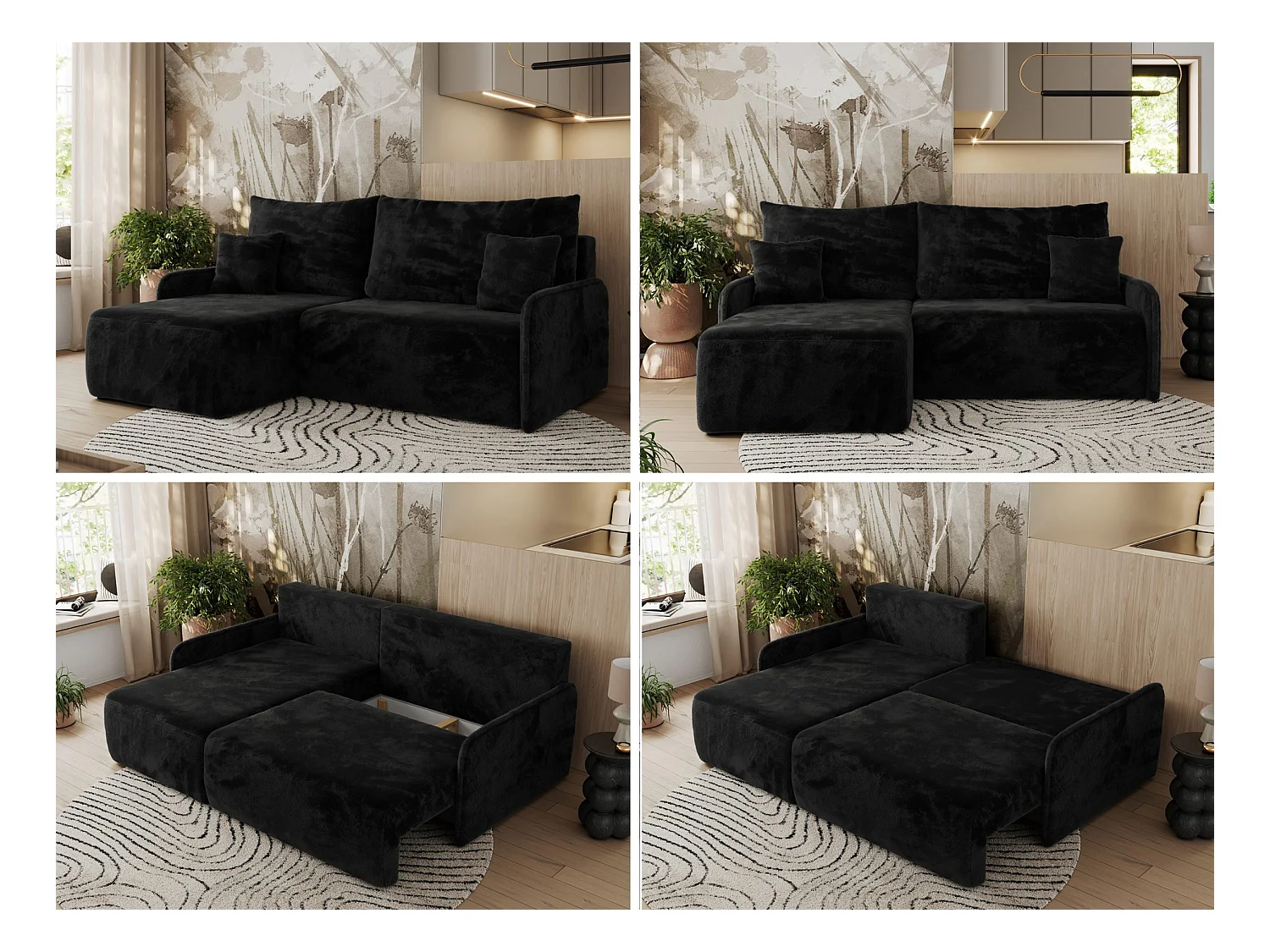 Ecksofa ARPA - L-form Schlaffsofa, Bettkasten und lose Kissen, Armlehnen - Schwarz Plüsch - Ecke Links