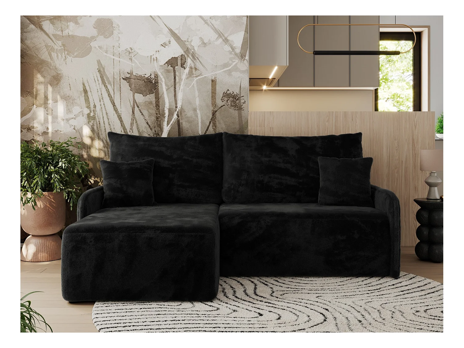 Ecksofa ARPA - L-form Schlaffsofa, Bettkasten und lose Kissen, Armlehnen - Schwarz Plüsch - Ecke Links