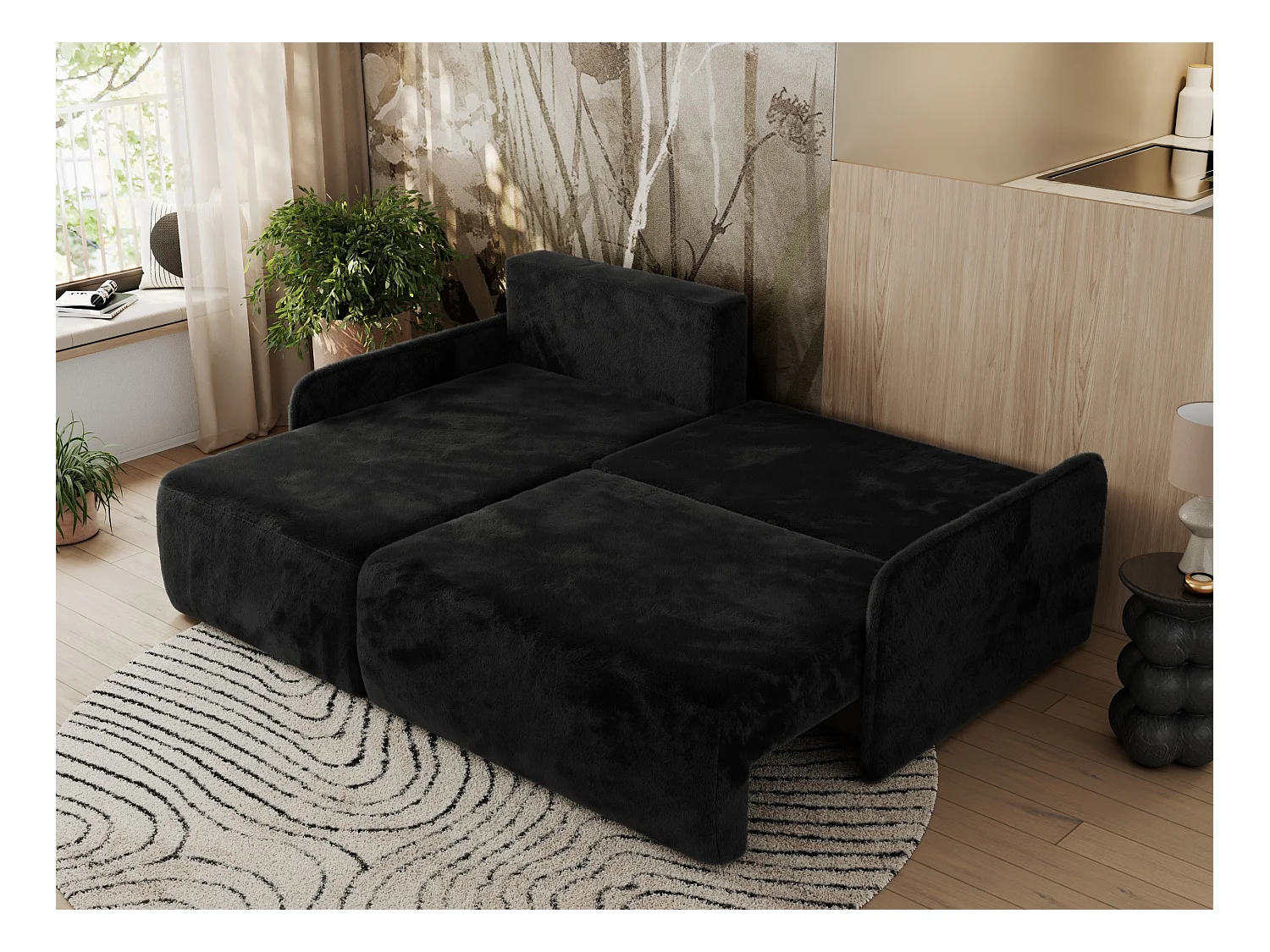 Ecksofa ARPA - L-form Schlaffsofa, Bettkasten und lose Kissen, Armlehnen - Schwarz Plüsch - Ecke Links