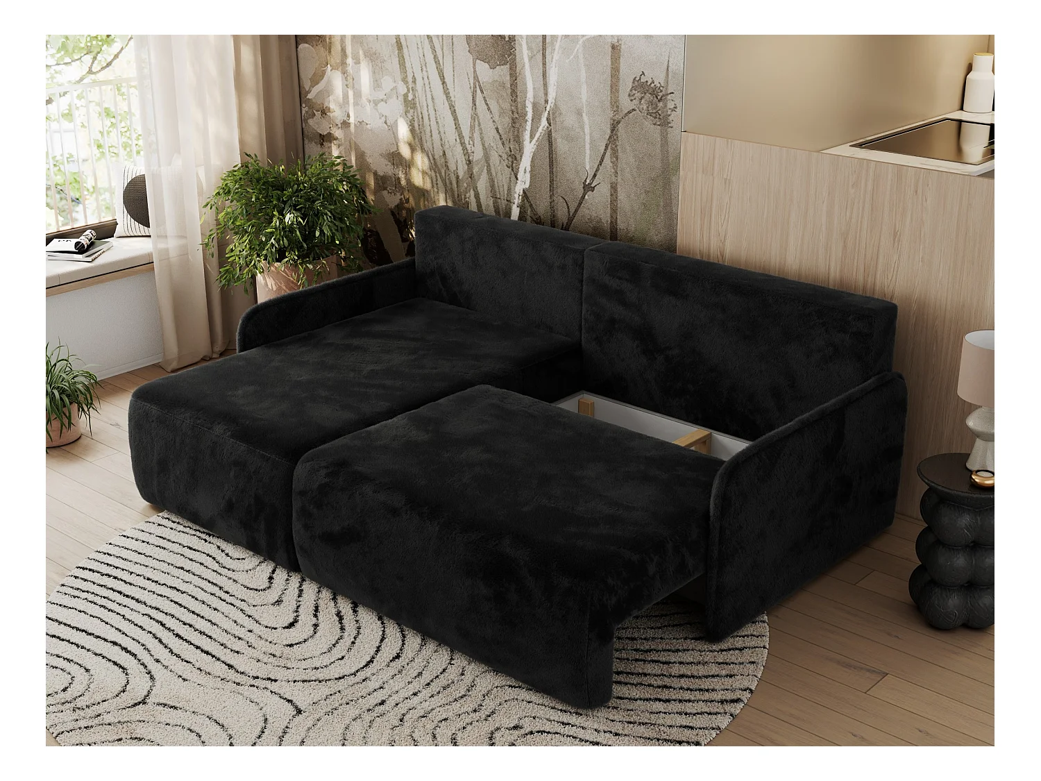 Ecksofa ARPA - L-form Schlaffsofa, Bettkasten und lose Kissen, Armlehnen - Schwarz Plüsch - Ecke Links