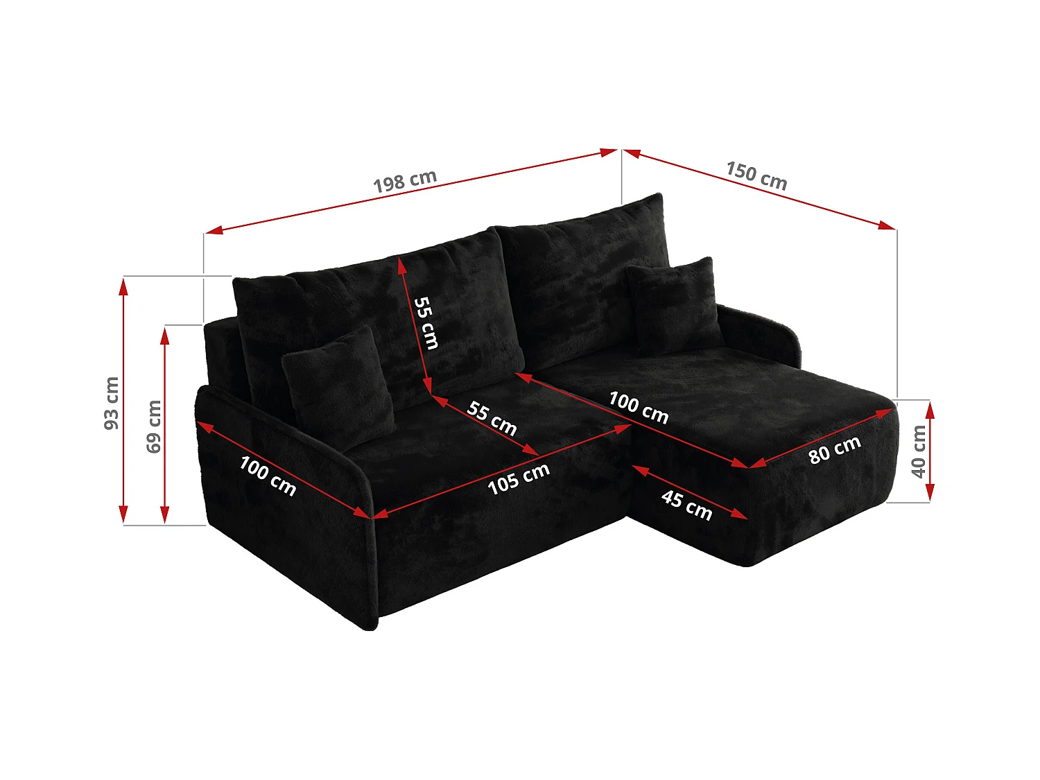 Ecksofa ARPA - L-form Schlaffsofa, Bettkasten und lose Kissen, Armlehnen - Schwarz Plüsch - Ecke Links