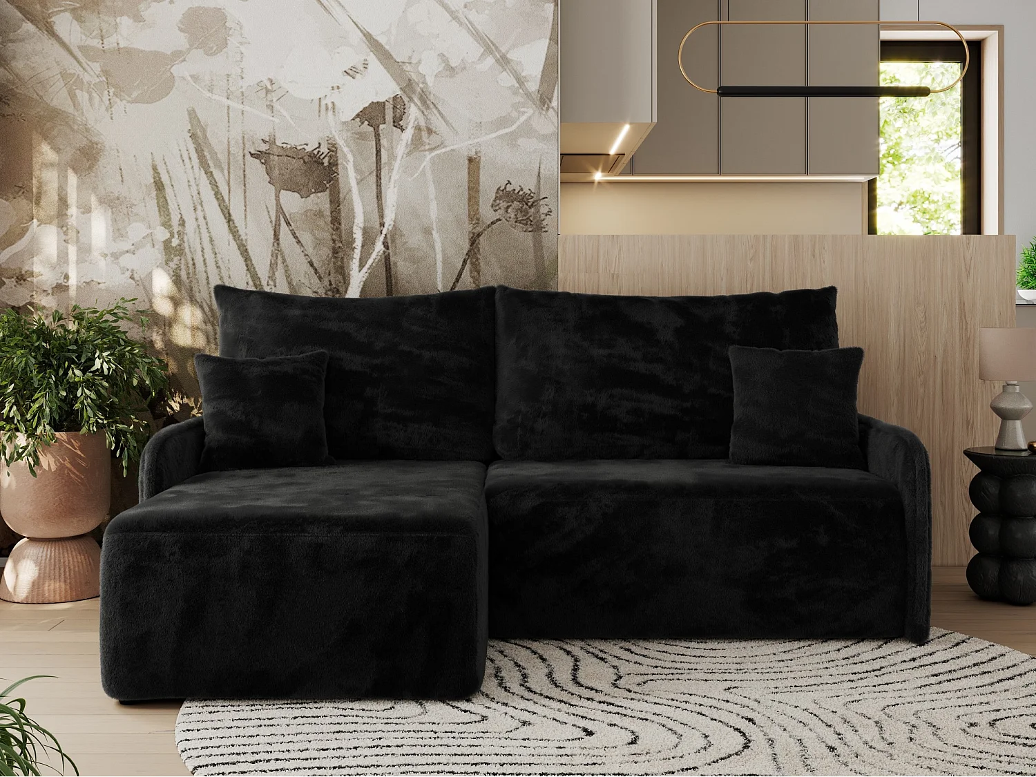 Ecksofa ARPA - L-form Schlaffsofa, Bettkasten und lose Kissen, Armlehnen - Schwarz Plüsch - Ecke Links