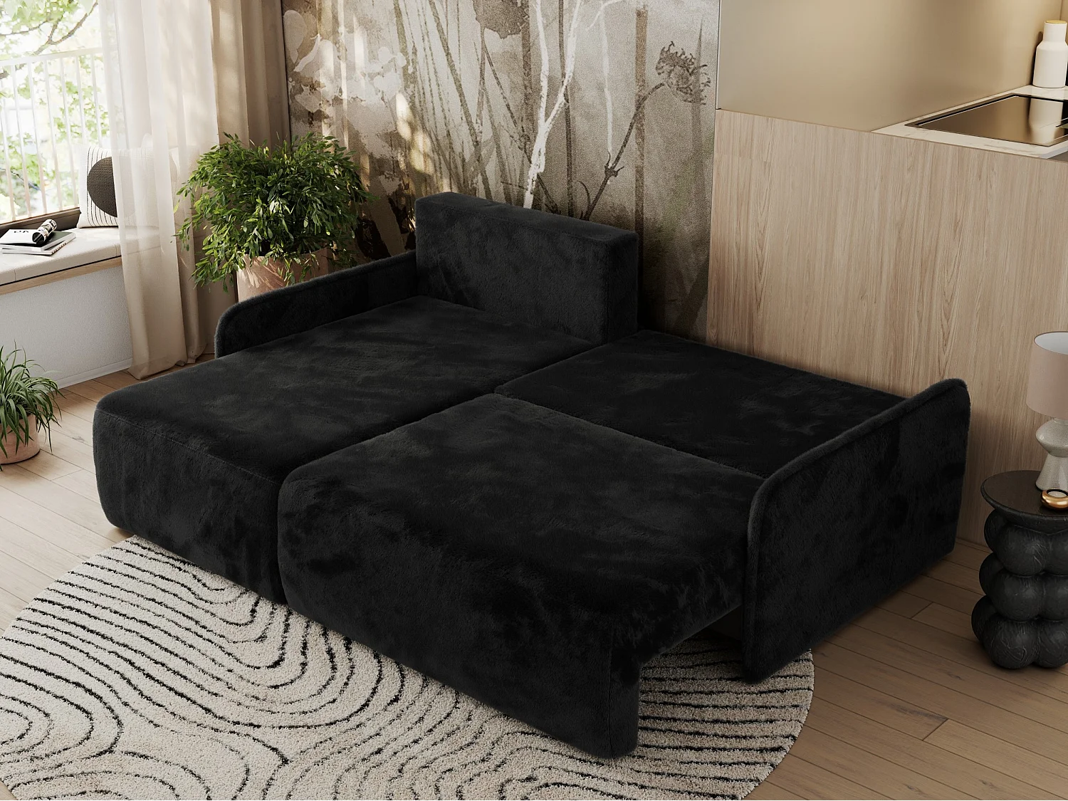 Ecksofa ARPA - L-form Schlaffsofa, Bettkasten und lose Kissen, Armlehnen - Schwarz Plüsch - Ecke Links