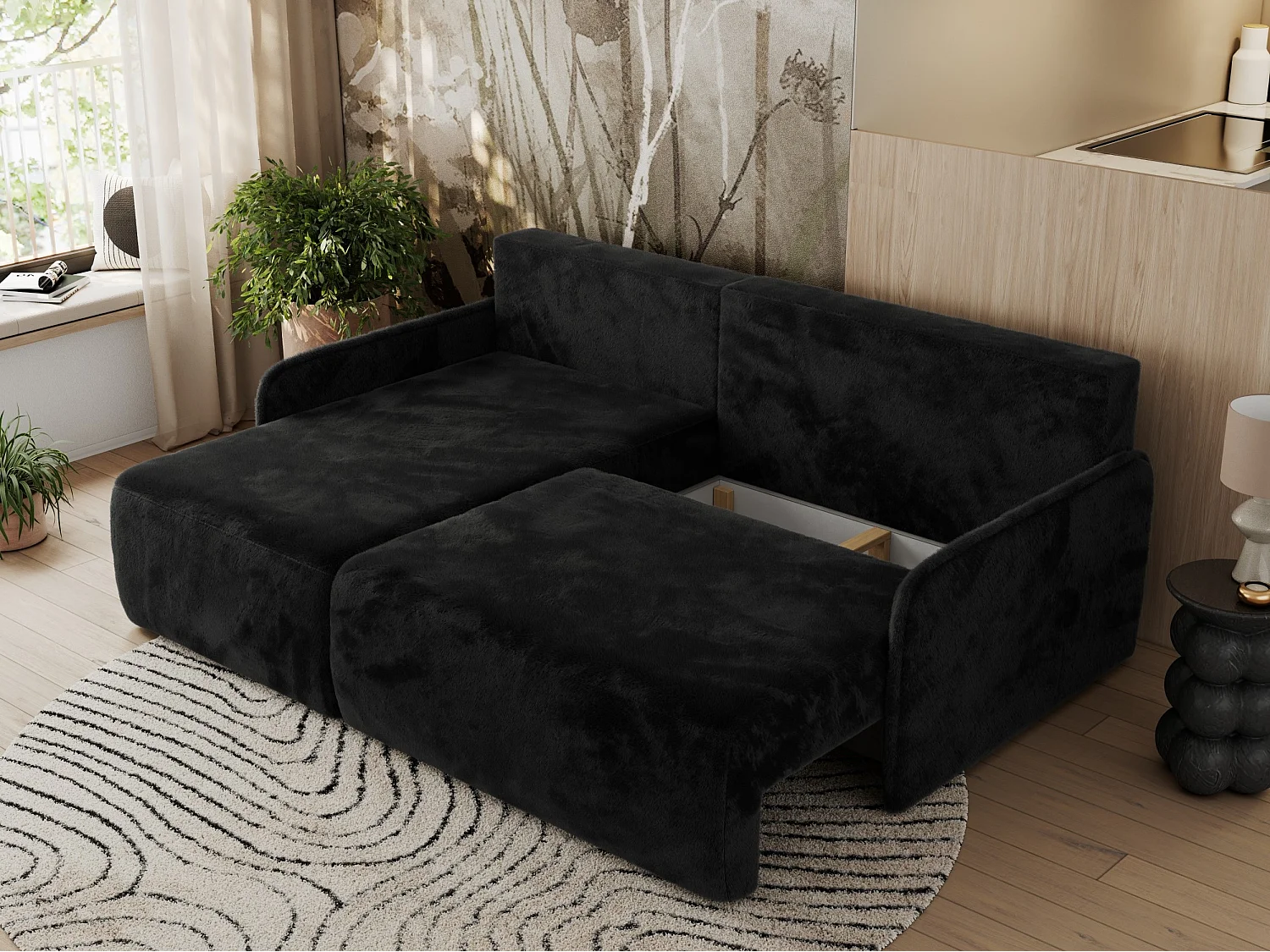 Ecksofa ARPA - L-form Schlaffsofa, Bettkasten und lose Kissen, Armlehnen - Schwarz Plüsch - Ecke Links