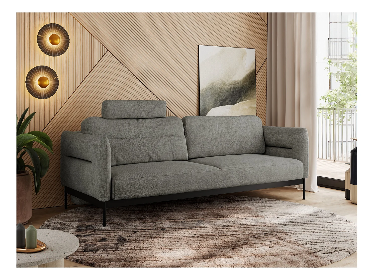 Sofa SALENTO - 3-Sitzer mit Metallbeine, mobile Kopfstütze, Schlafsofa mit lose Kissen - Grau Strukture