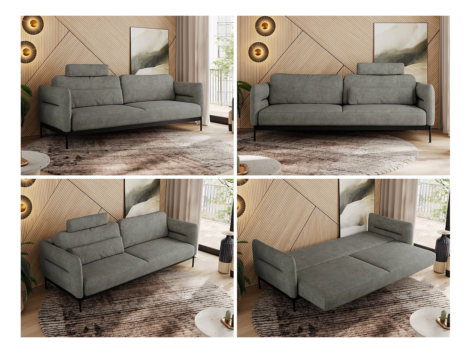 Sofa SALENTO - 3-Sitzer mit Metallbeine, mobile Kopfstütze, Schlafsofa mit lose Kissen - Grau Strukture