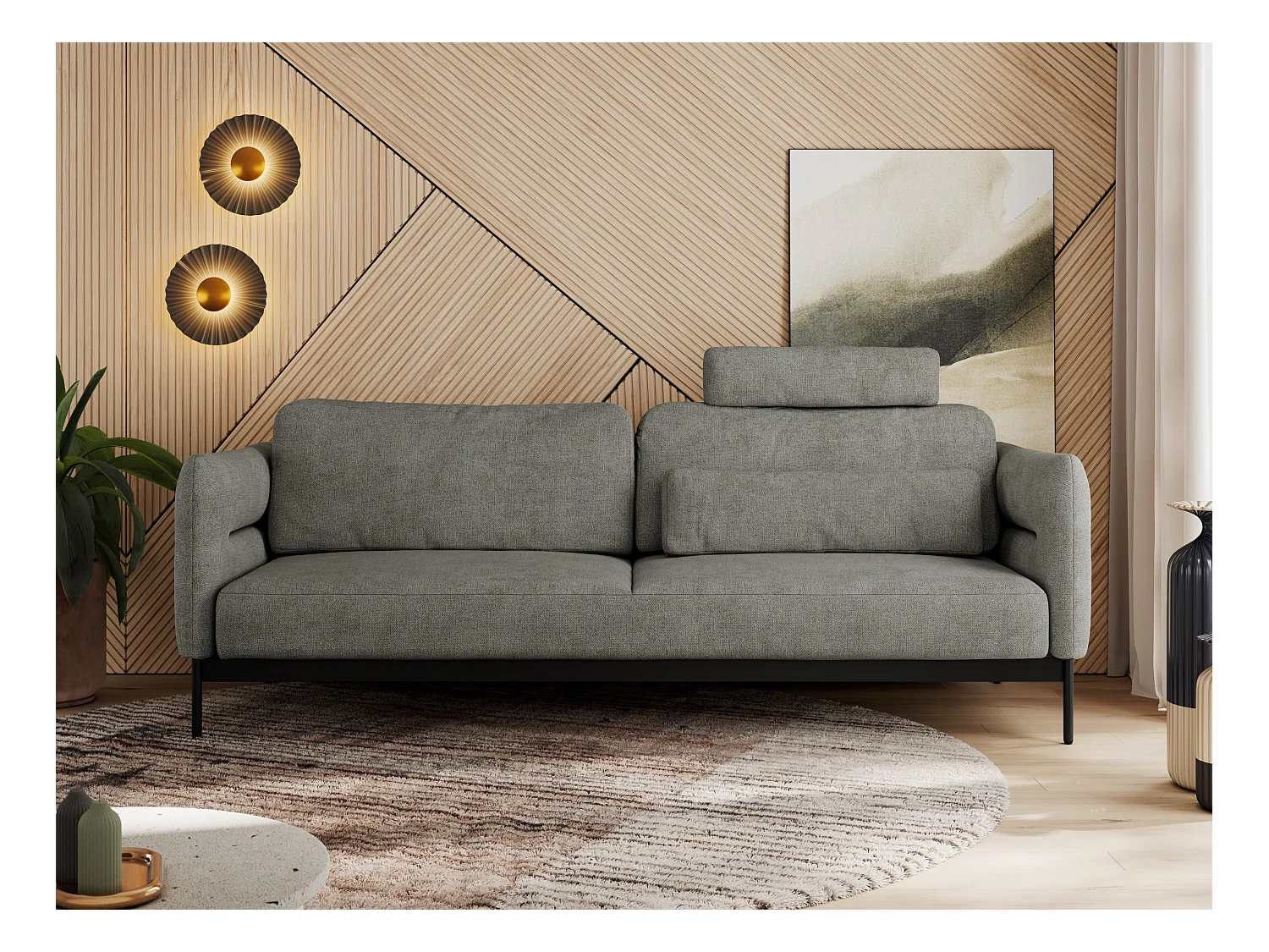 Sofa SALENTO - 3-Sitzer mit Metallbeine, mobile Kopfstütze, Schlafsofa mit lose Kissen - Grau Strukture