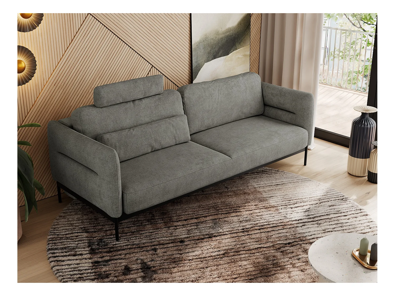 Sofa SALENTO - 3-Sitzer mit Metallbeine, mobile Kopfstütze, Schlafsofa mit lose Kissen - Grau Strukture