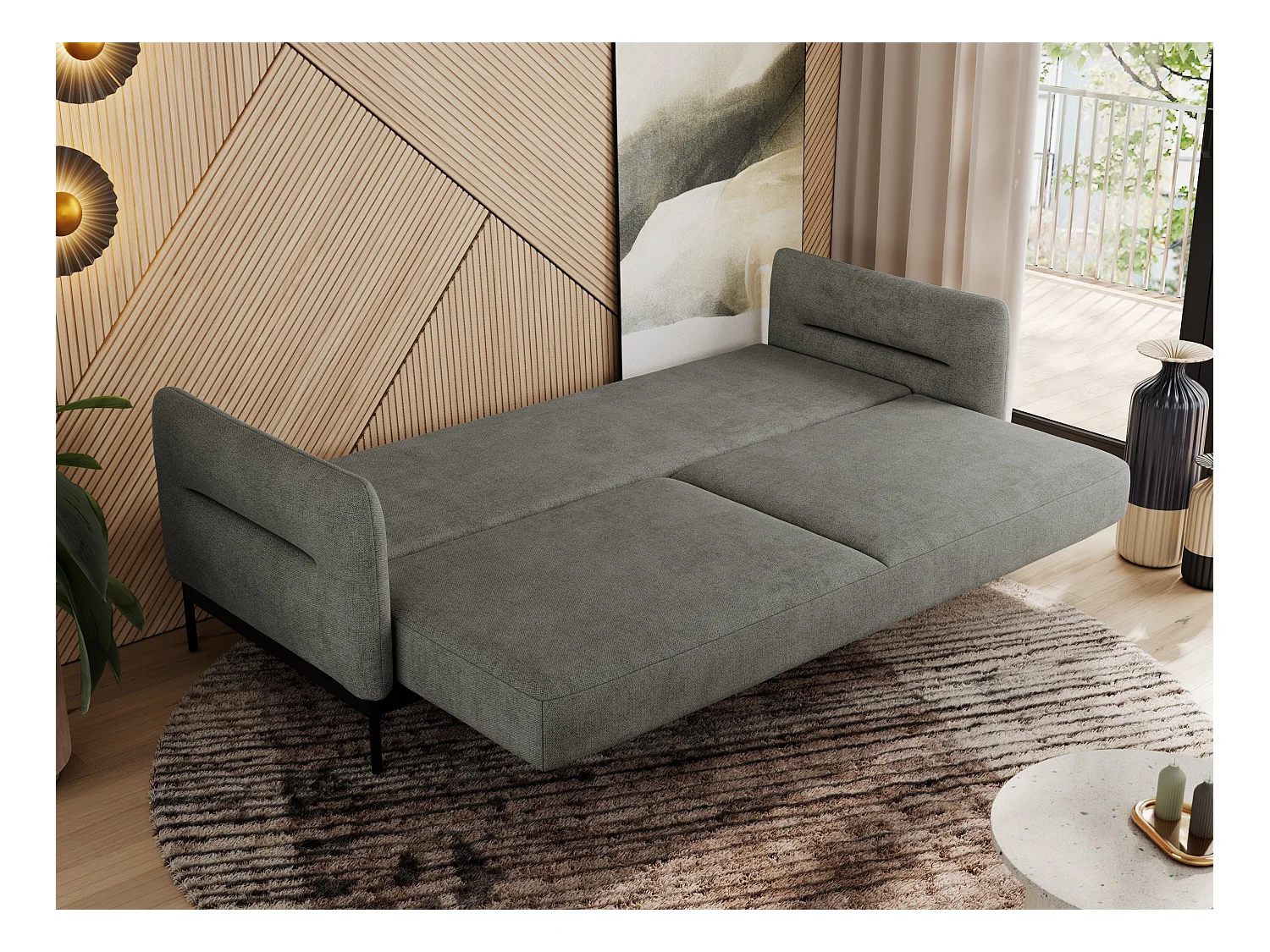 Sofa SALENTO - 3-Sitzer mit Metallbeine, mobile Kopfstütze, Schlafsofa mit lose Kissen - Grau Strukture