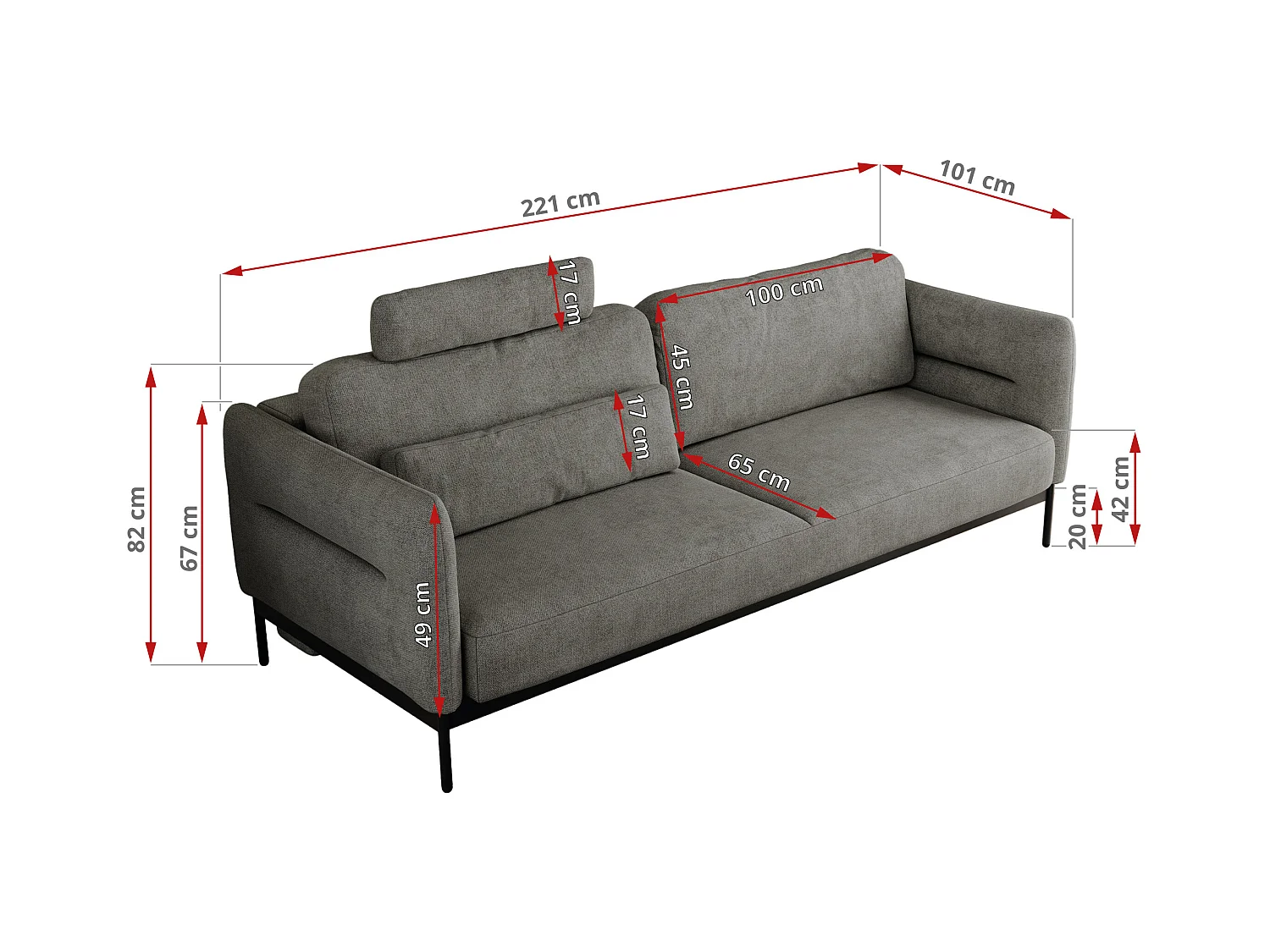 Sofa SALENTO - 3-Sitzer mit Metallbeine, mobile Kopfstütze, Schlafsofa mit lose Kissen - Grau Strukture