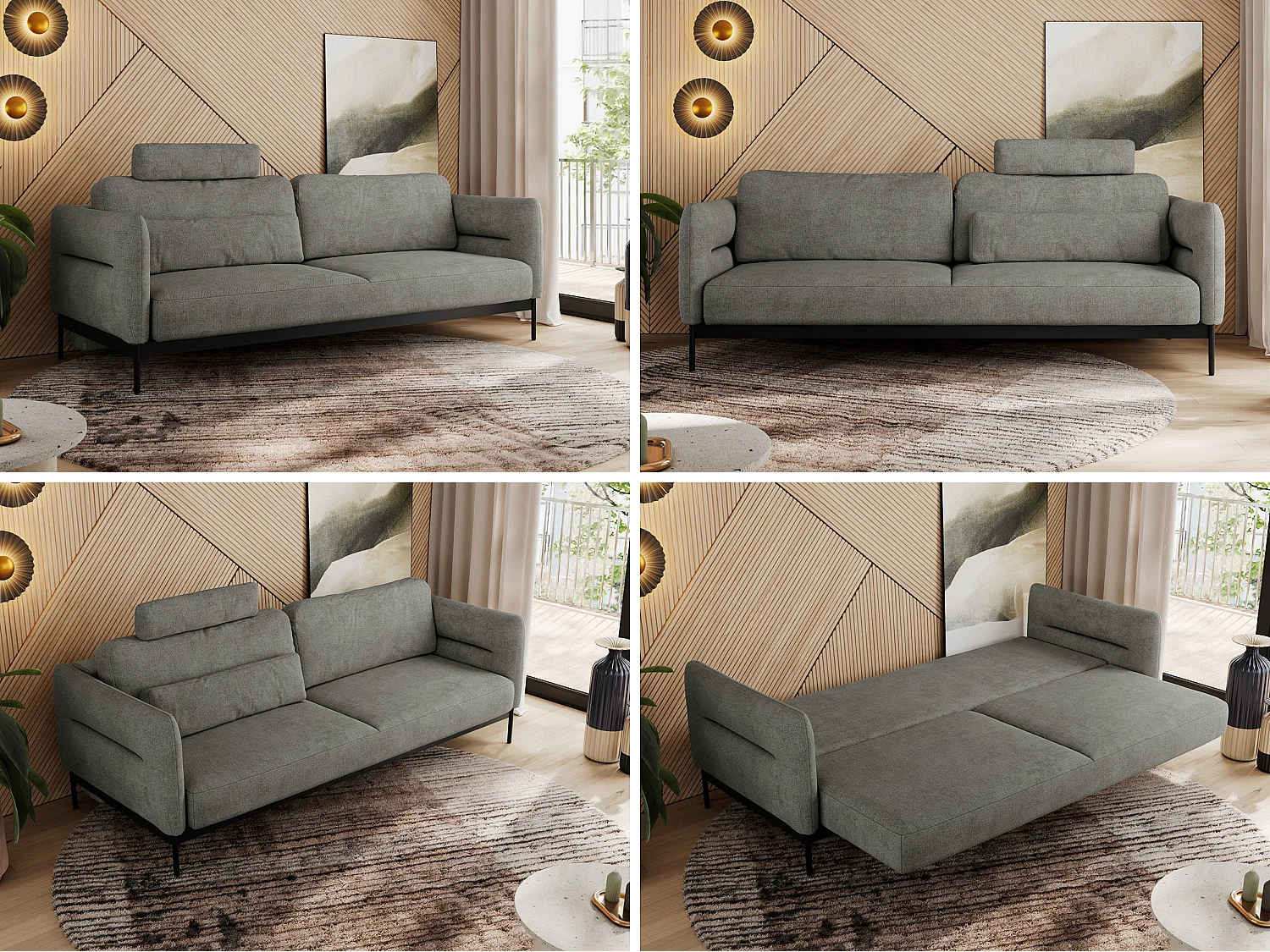 Sofa SALENTO - 3-Sitzer mit Metallbeine, mobile Kopfstütze, Schlafsofa mit lose Kissen - Grau Strukture