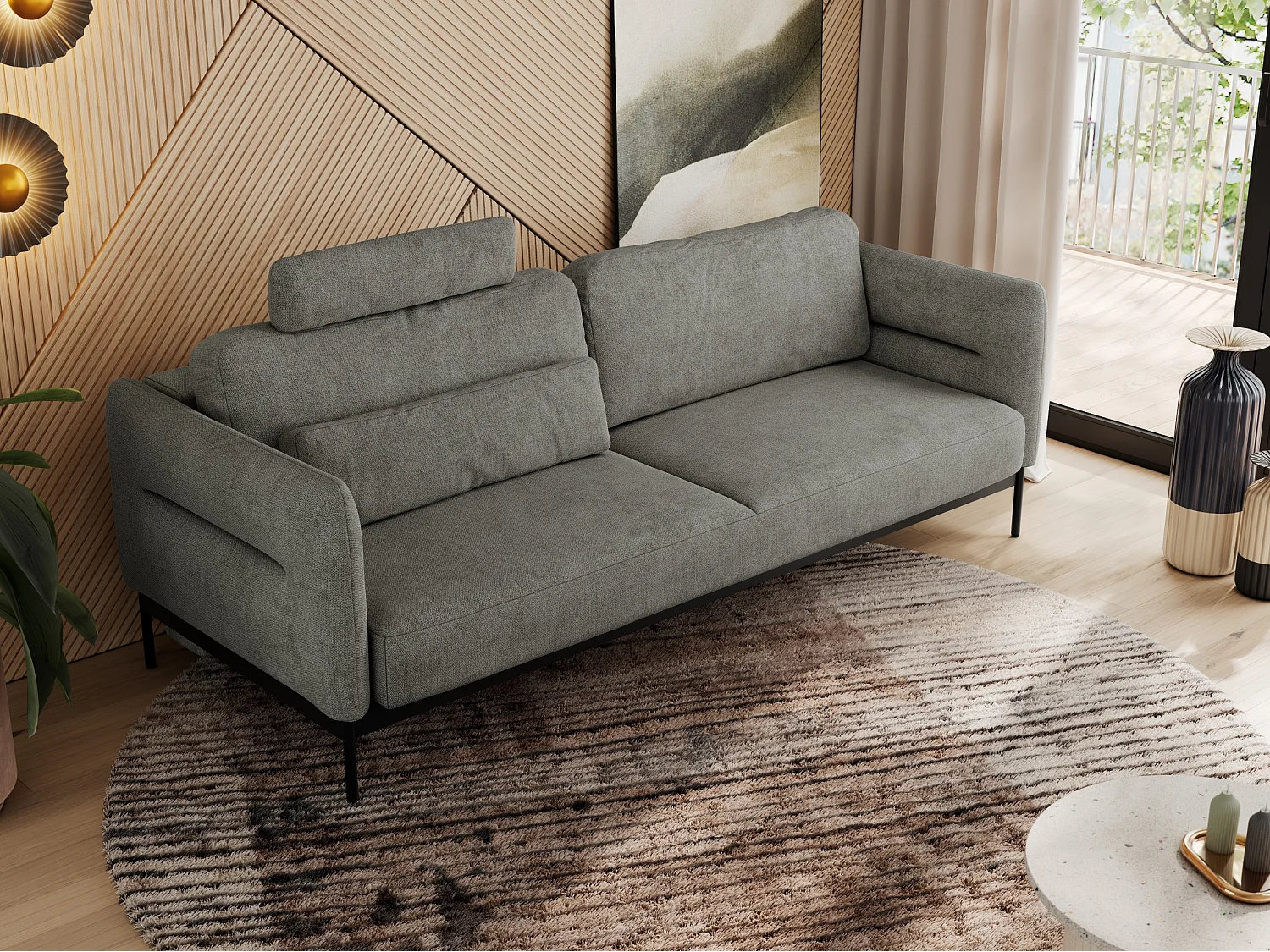 Sofa SALENTO - 3-Sitzer mit Metallbeine, mobile Kopfstütze, Schlafsofa mit lose Kissen - Grau Strukture