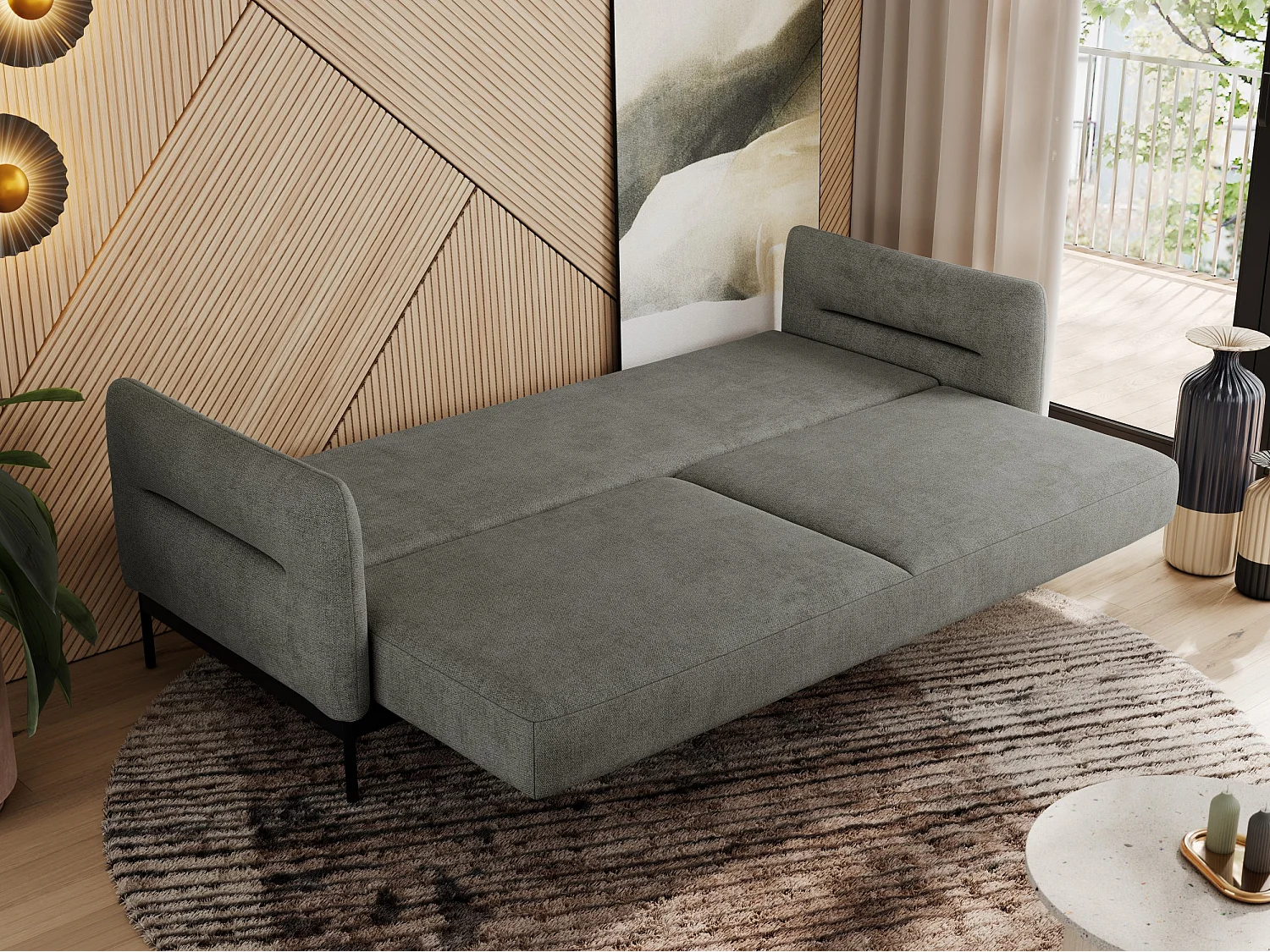 Sofa SALENTO - 3-Sitzer mit Metallbeine, mobile Kopfstütze, Schlafsofa mit lose Kissen - Grau Strukture