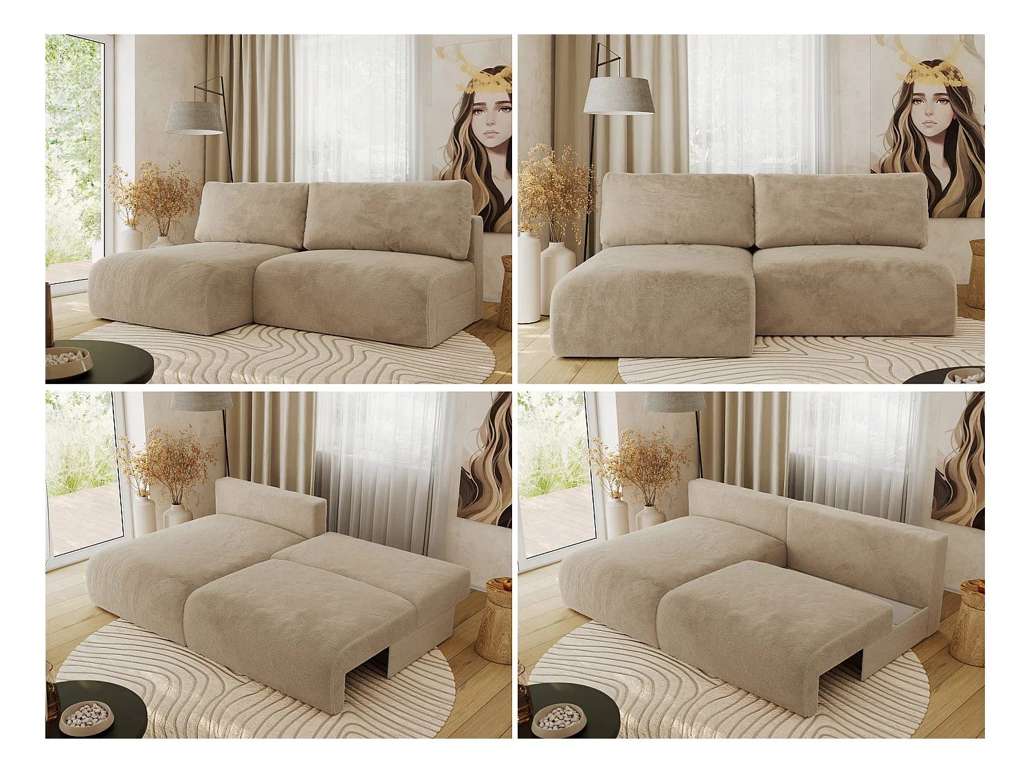 Ecksofa VIVO - L-form Couch mit Schlaffunktion und Bettkasten, Wellenfeder - Beige Plüsch - Ecke Links