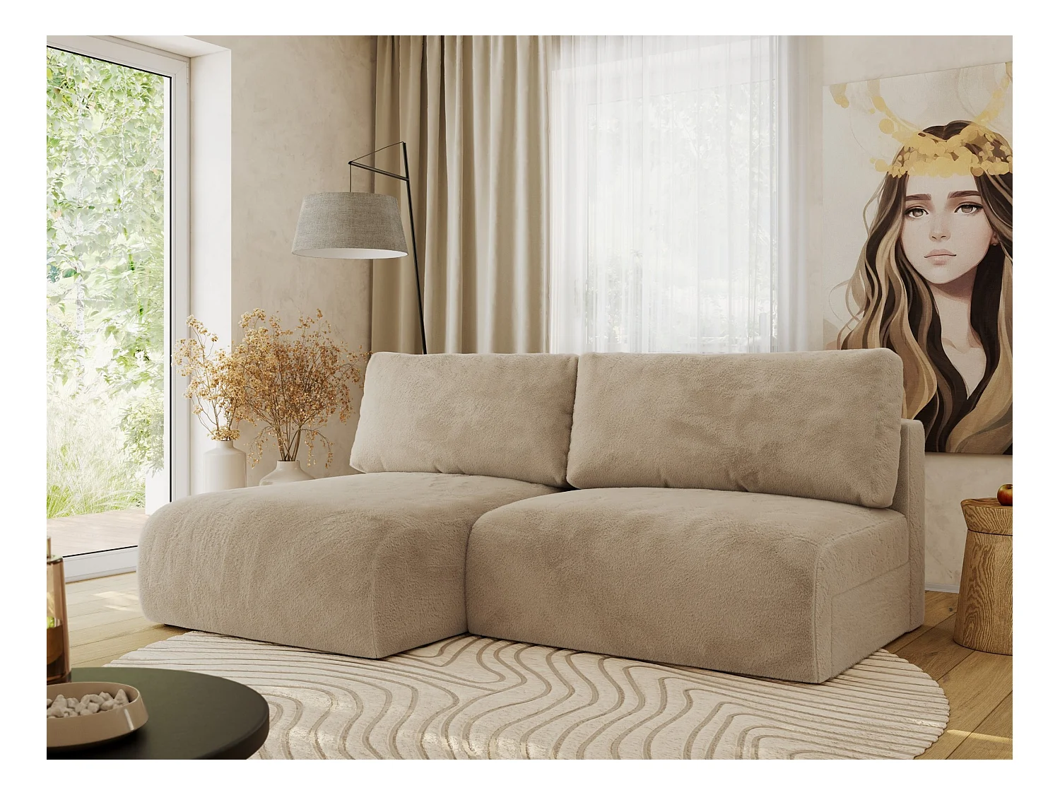 Ecksofa VIVO - L-form Couch mit Schlaffunktion und Bettkasten, Wellenfeder - Beige Plüsch - Ecke Links
