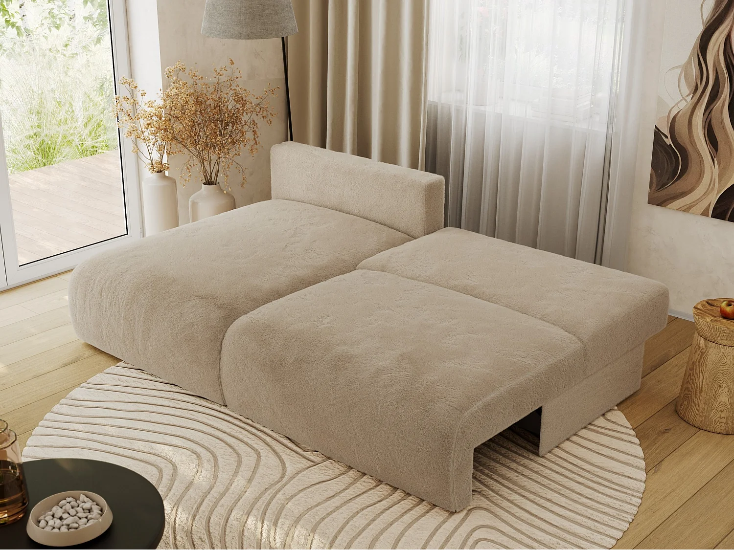 Ecksofa VIVO - L-form Couch mit Schlaffunktion und Bettkasten, Wellenfeder - Beige Plüsch - Ecke Links