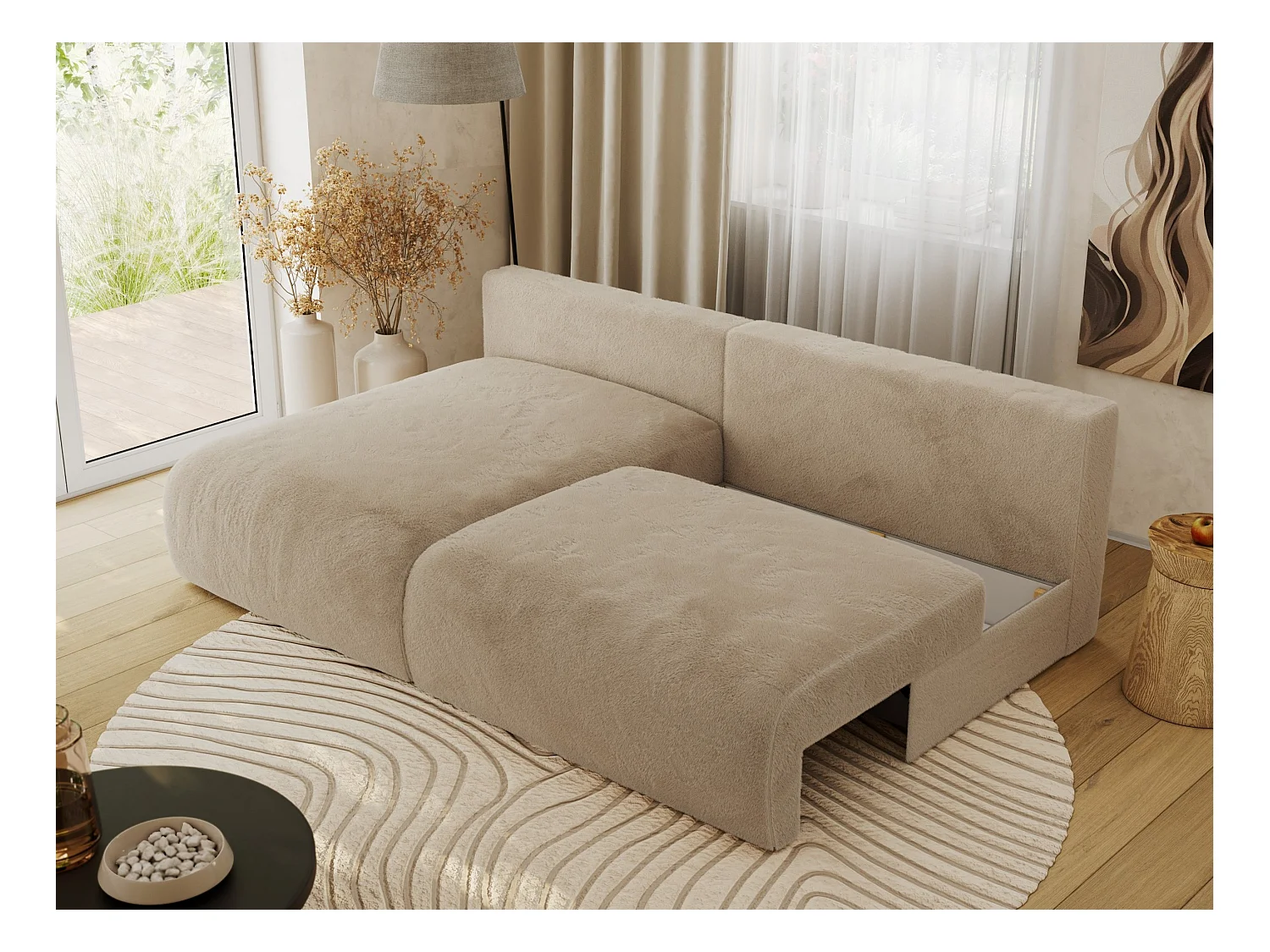 Ecksofa VIVO - L-form Couch mit Schlaffunktion und Bettkasten, Wellenfeder - Beige Plüsch - Ecke Links