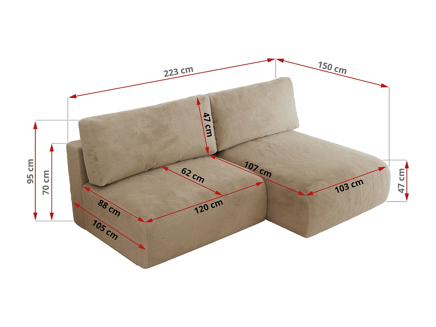 Ecksofa VIVO - L-form Couch mit Schlaffunktion und Bettkasten, Wellenfeder - Beige Plüsch - Ecke Links