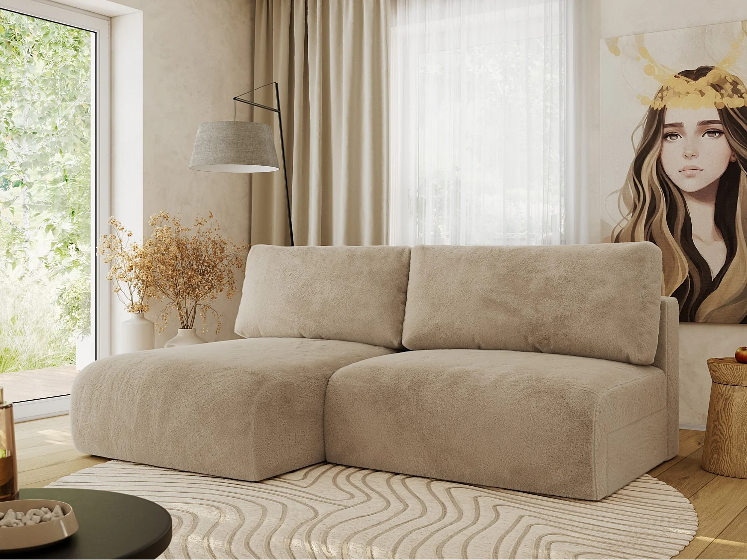 Ecksofa VIVO - L-form Couch mit Schlaffunktion und Bettkasten, Wellenfeder - Beige Plüsch - Ecke Links