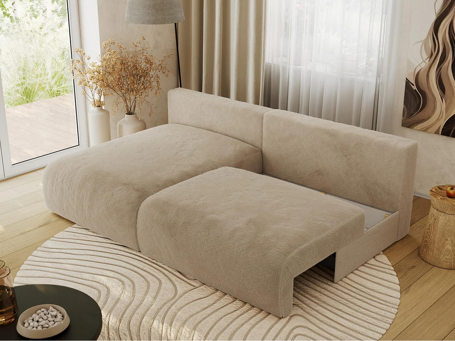 Ecksofa VIVO - L-form Couch mit Schlaffunktion und Bettkasten, Wellenfeder - Beige Plüsch - Ecke Links