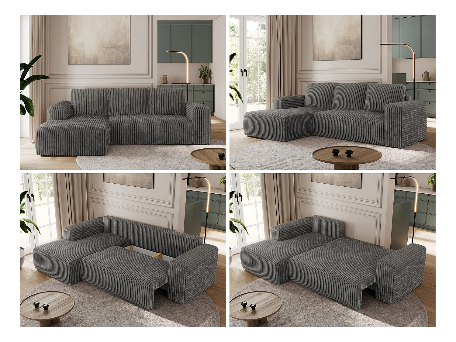 Ecksofa TRENTINO - mit Schlaffunktion und Bettkasten, L-form Couch, lose Kissen und Armlehnen - Dunkelgrau Cord - Ecke Links