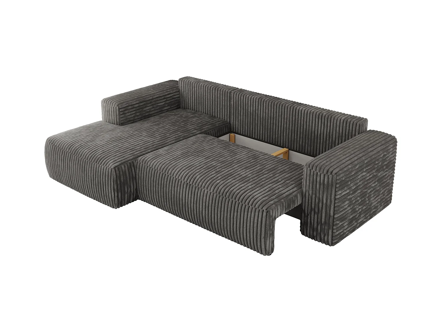 Ecksofa TRENTINO - mit Schlaffunktion und Bettkasten, L-form Couch, lose Kissen und Armlehnen - Dunkelgrau Cord - Ecke Links