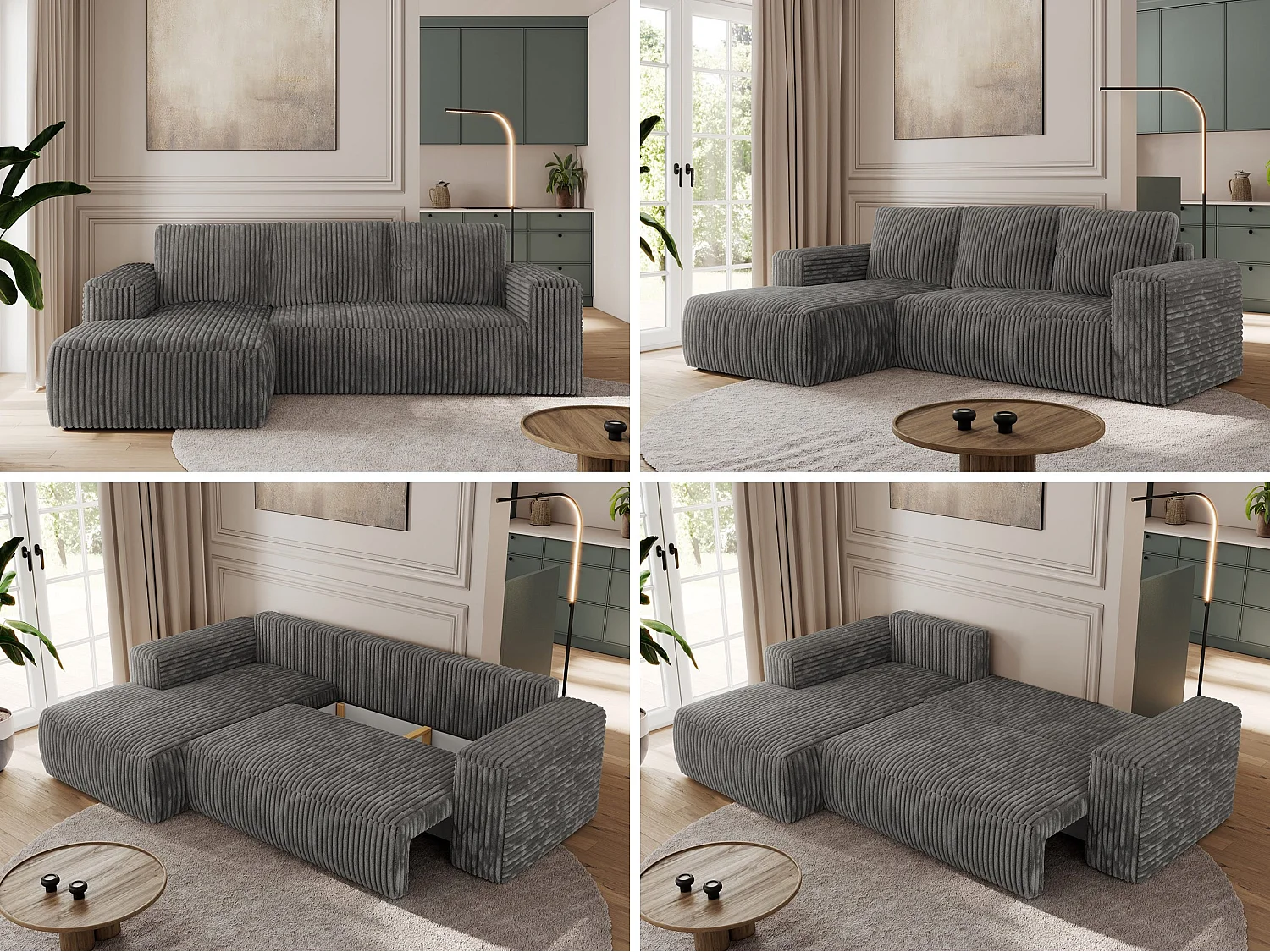 Ecksofa TRENTINO - mit Schlaffunktion und Bettkasten, L-form Couch, lose Kissen und Armlehnen - Dunkelgrau Cord - Ecke Links