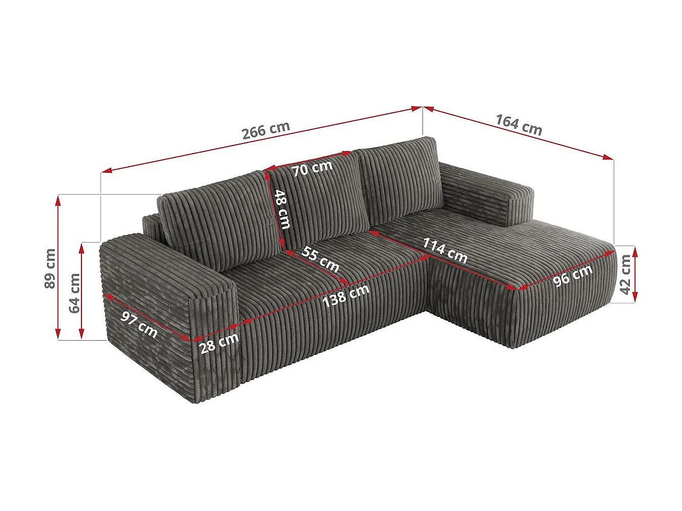 Ecksofa TRENTINO - mit Schlaffunktion und Bettkasten, L-form Couch, lose Kissen und Armlehnen - Dunkelgrau Cord - Ecke Links