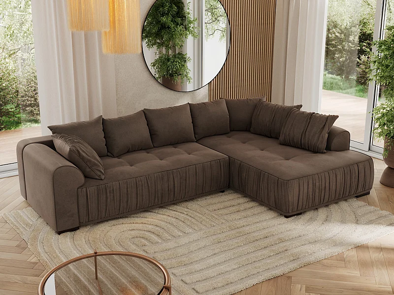 Ecksofa ORTA - Schlaffunktion und Bettkasten, lose Kissen, gesteppter Sitz, L-förmige Ecke - Braun Velvet - Ecke Rechts