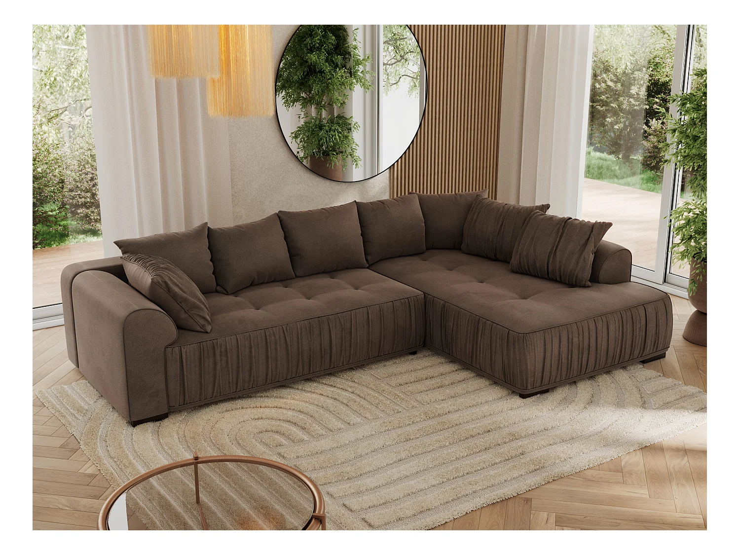 Ecksofa ORTA - Schlaffunktion und Bettkasten, lose Kissen, gesteppter Sitz, L-förmige Ecke - Braun Velvet - Ecke Rechts