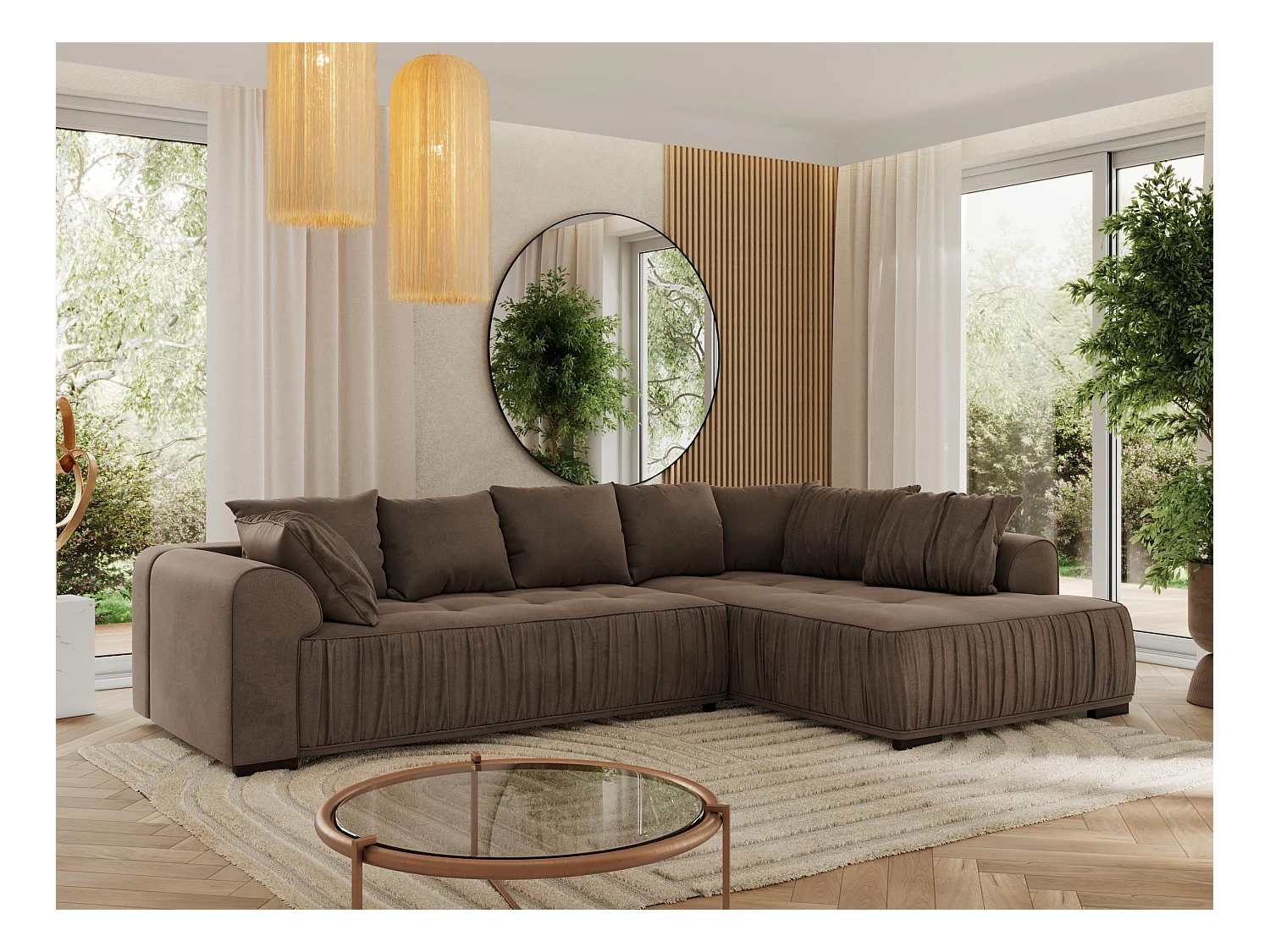 Ecksofa ORTA - Schlaffunktion und Bettkasten, lose Kissen, gesteppter Sitz, L-förmige Ecke - Braun Velvet - Ecke Rechts