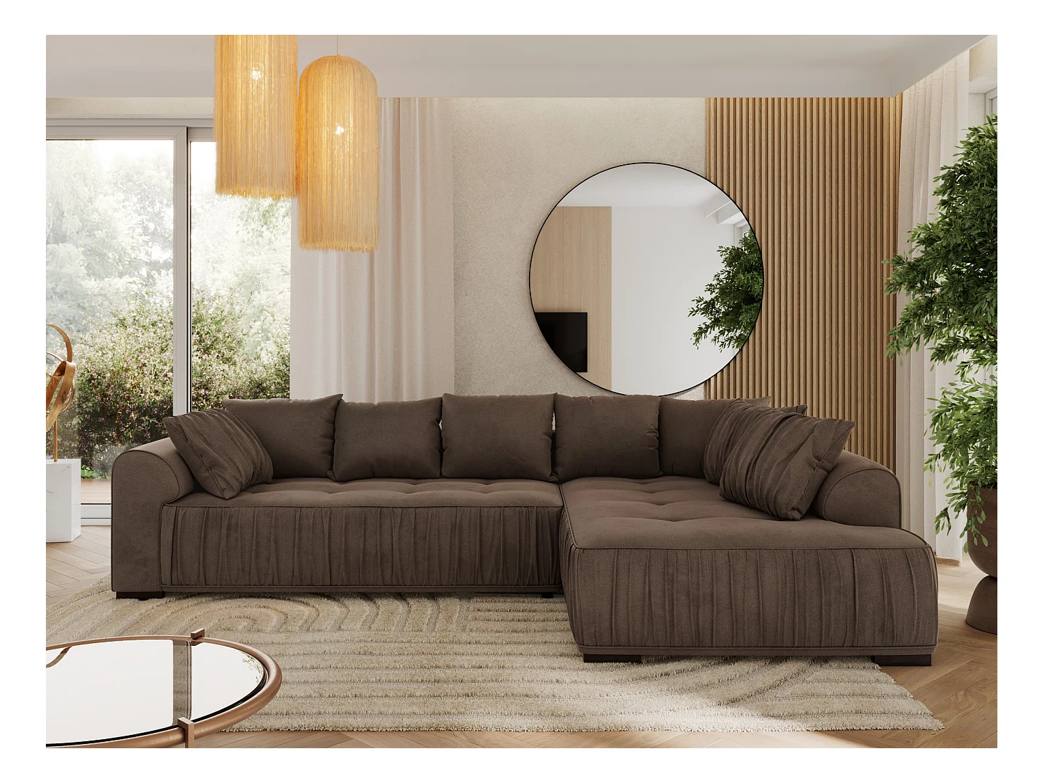 Ecksofa ORTA - Schlaffunktion und Bettkasten, lose Kissen, gesteppter Sitz, L-förmige Ecke - Braun Velvet - Ecke Rechts